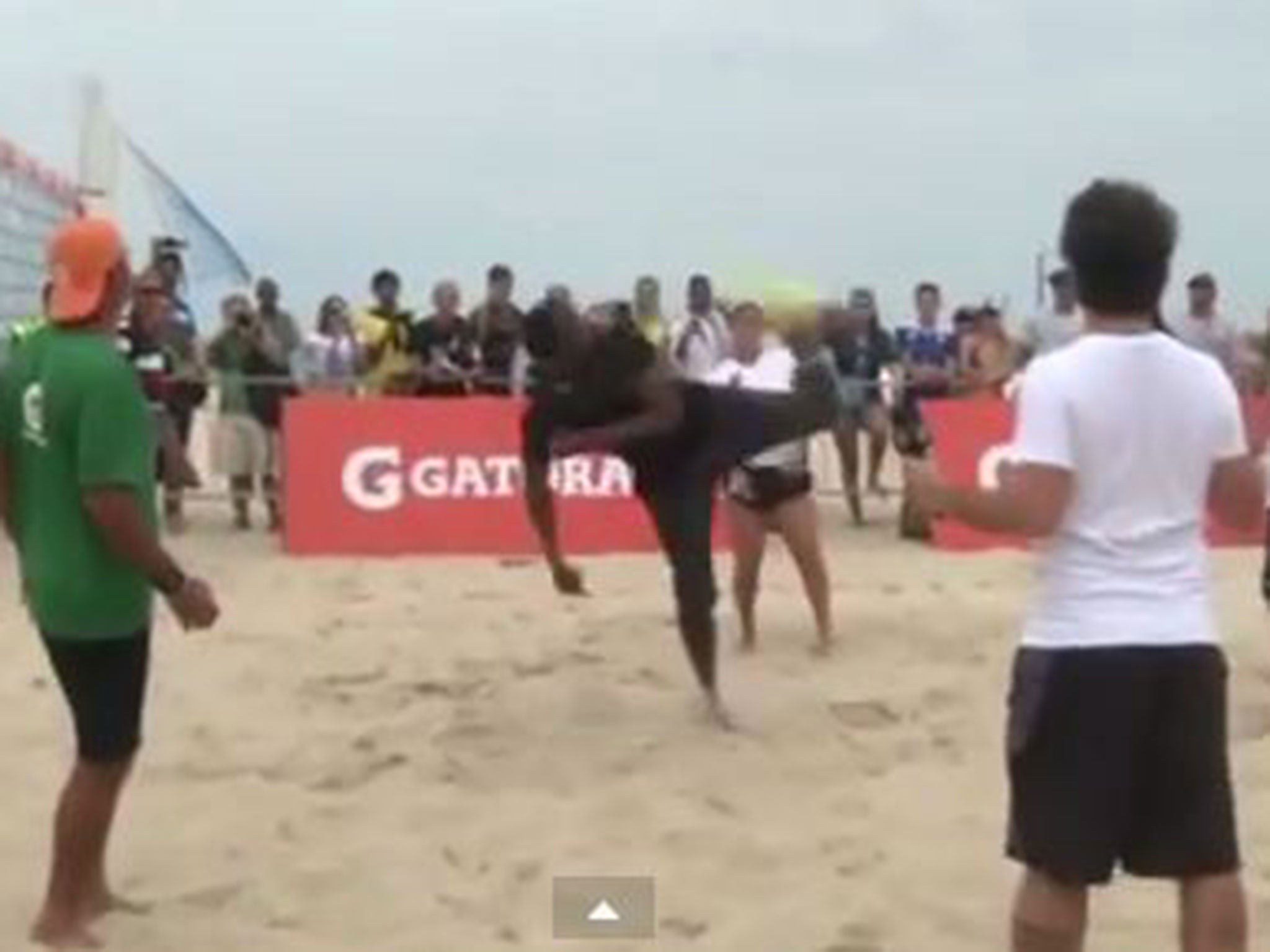 Usain Bolt shows off his skills during FootVolley game on Rio de Janeiro beach