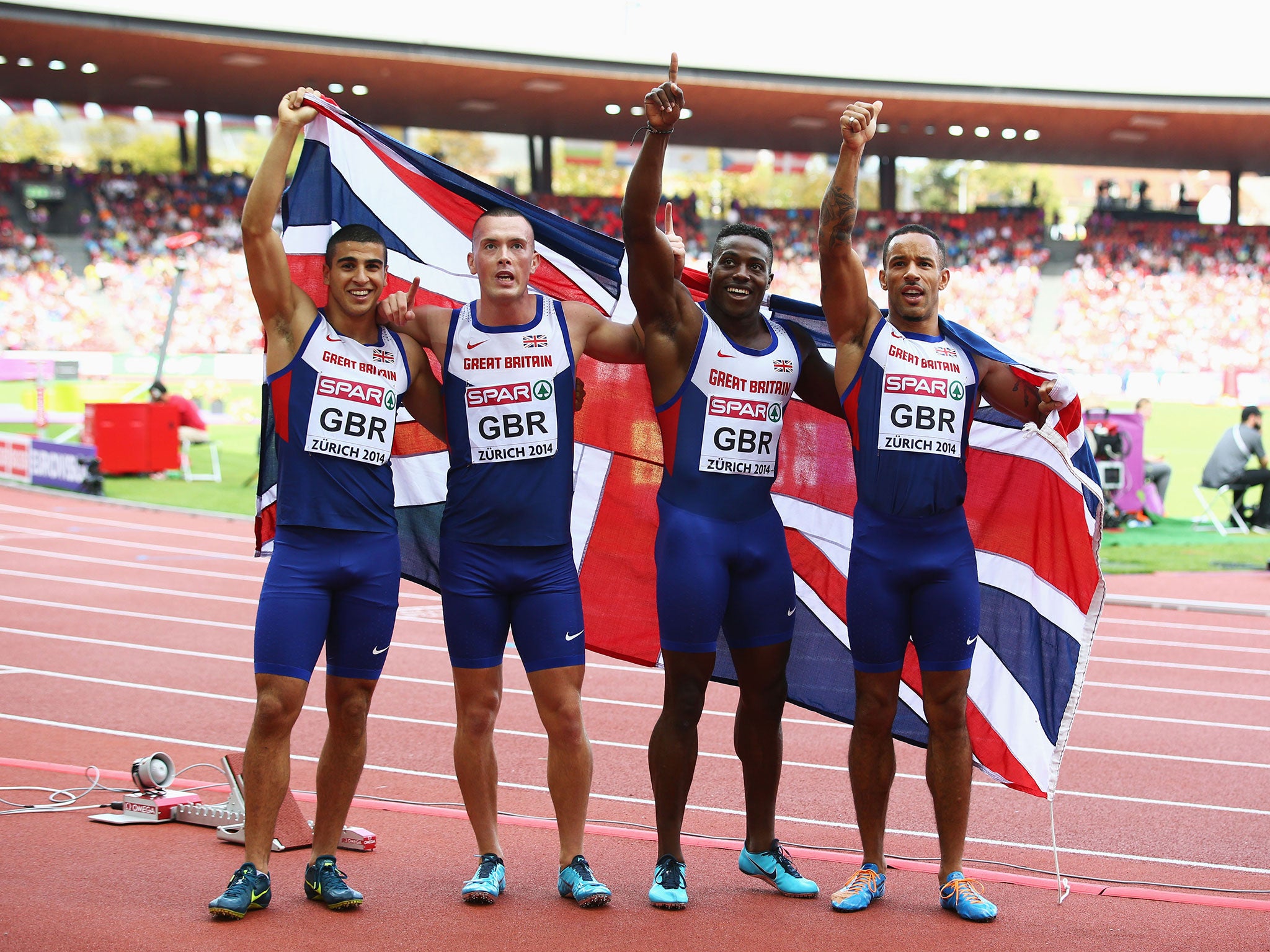 Britain’s 4x100m European gold medallists (left to right) Adam Gemili, Richard Kilty, Harry Aikines-Aryeetey and James Ellington celebrate in Zurich on Sunday