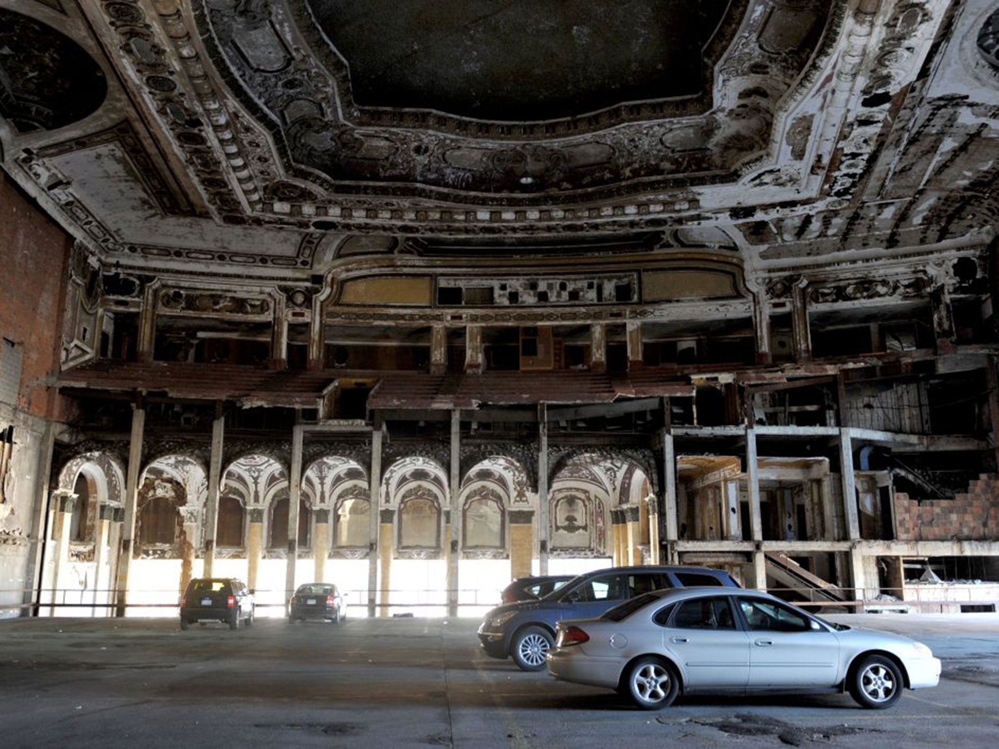 Detroit’s once glorious and now decrepit Michigan Theater now operates as a car park
