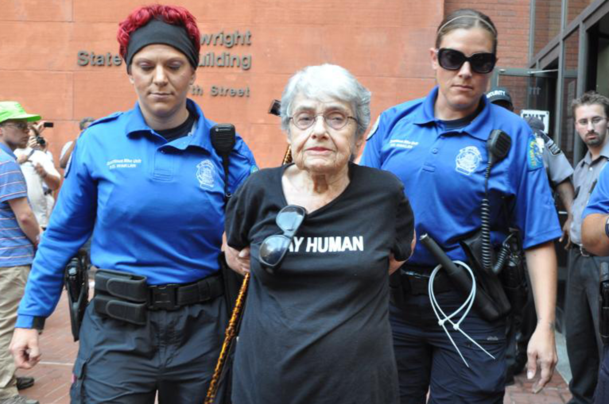 Hedy Epstein, a 90-year-old Holocaust survivor, was among those arrested for blocking the Nixon office building
