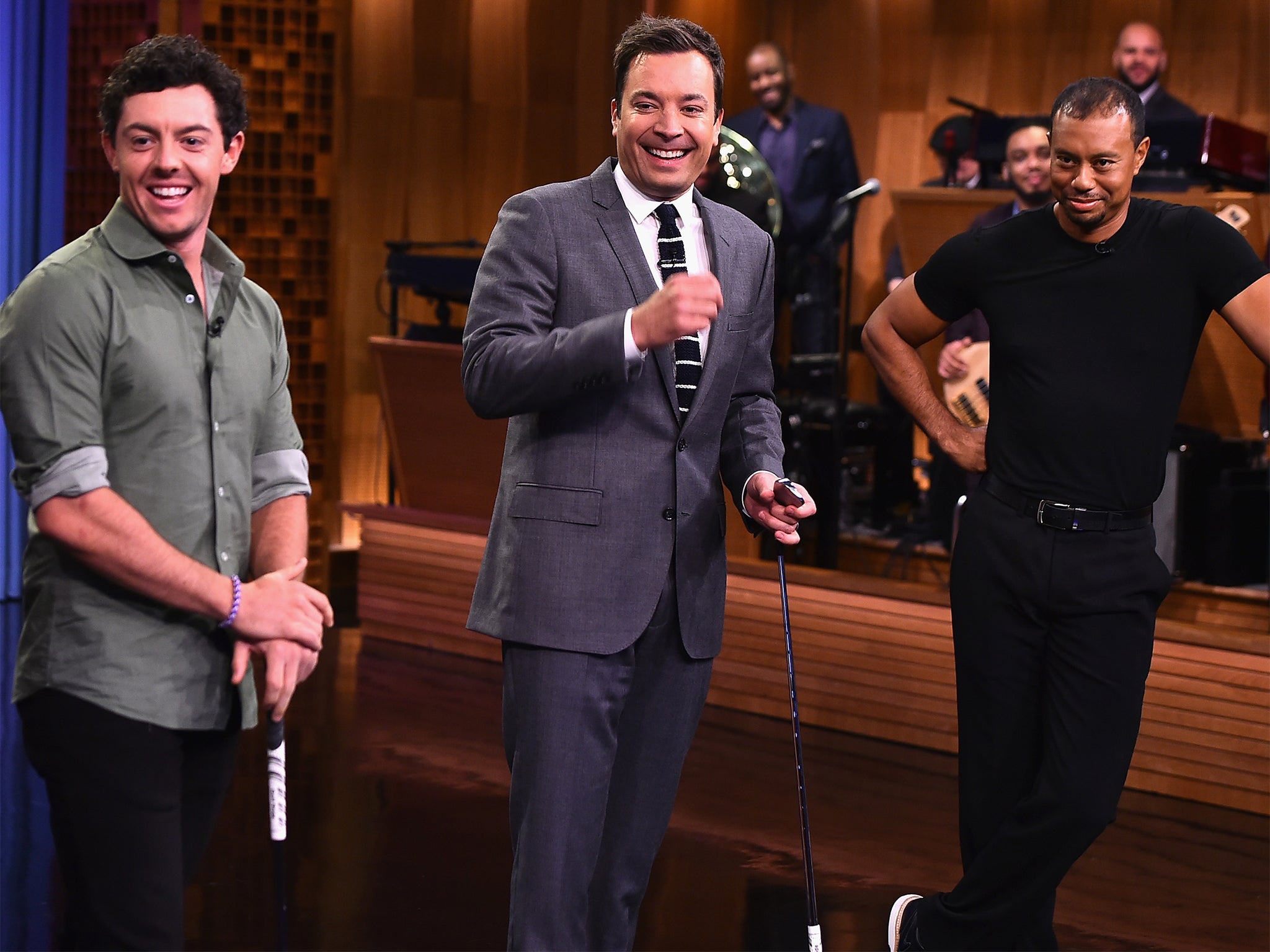 Rory McIlroy alongside Jimmy Fallon and Tiger Woods