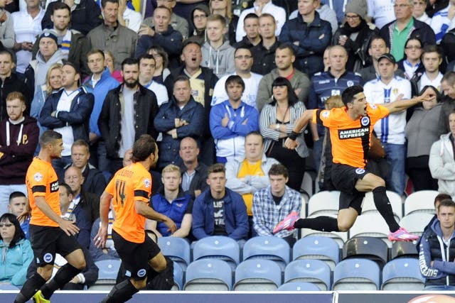 Joao Teixeira, the midfielder on loan from Liverpool, celebrates his opener for Brighton at Leeds