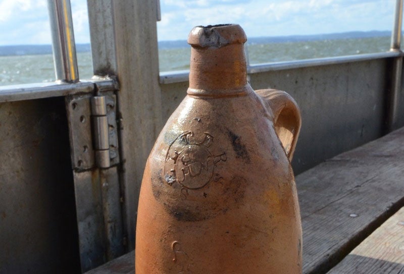 The 200-year-old stoneware bottle showing the Selters stamp.