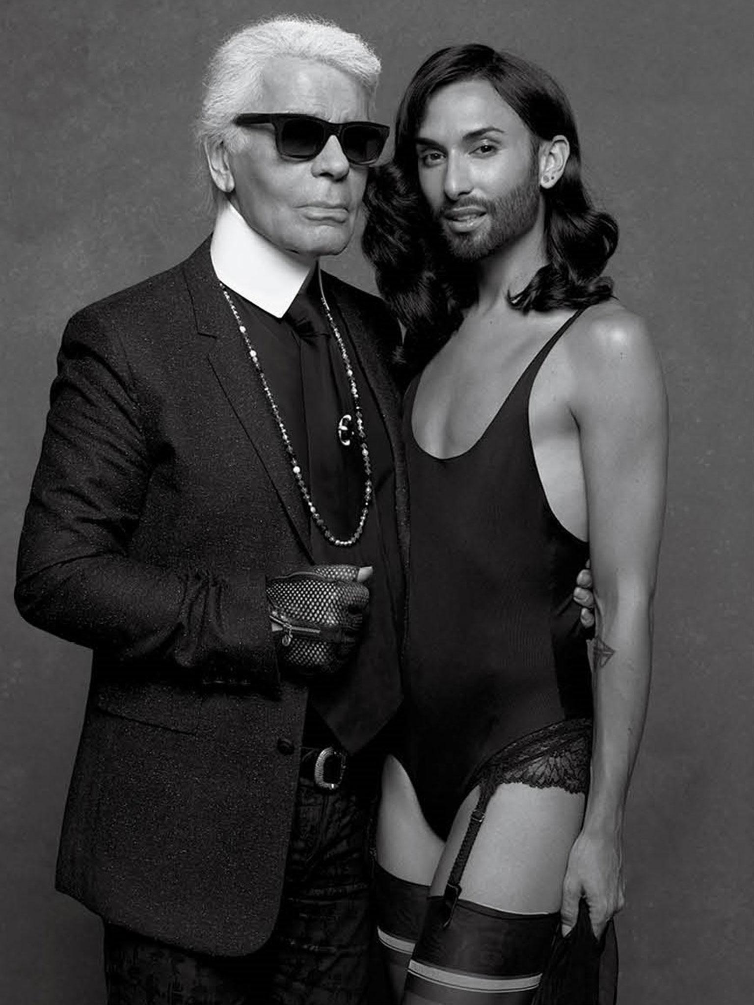 Karl Lagerfeld with Conchita Wurst during shoot for CR Fashion Book