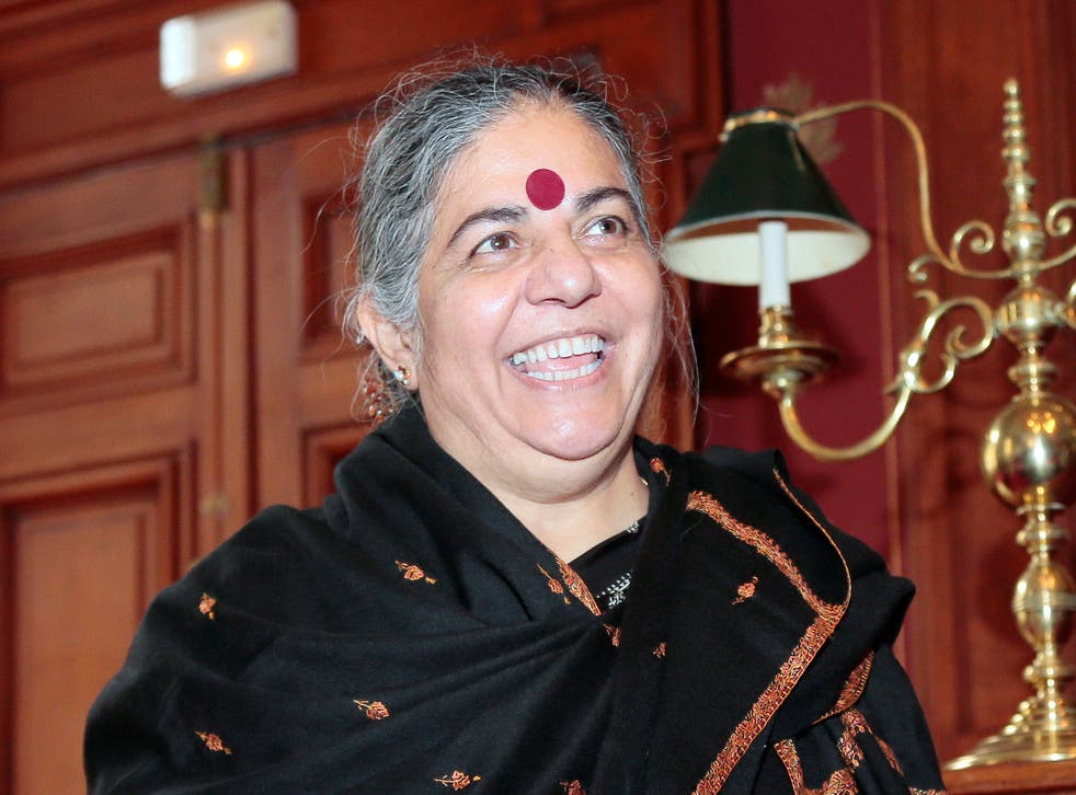 India's philosopher, environmental activist, author and eco feminist Vandana Shiva arrives to give a press conference focused on genetically modified seeds on October 10, 2012