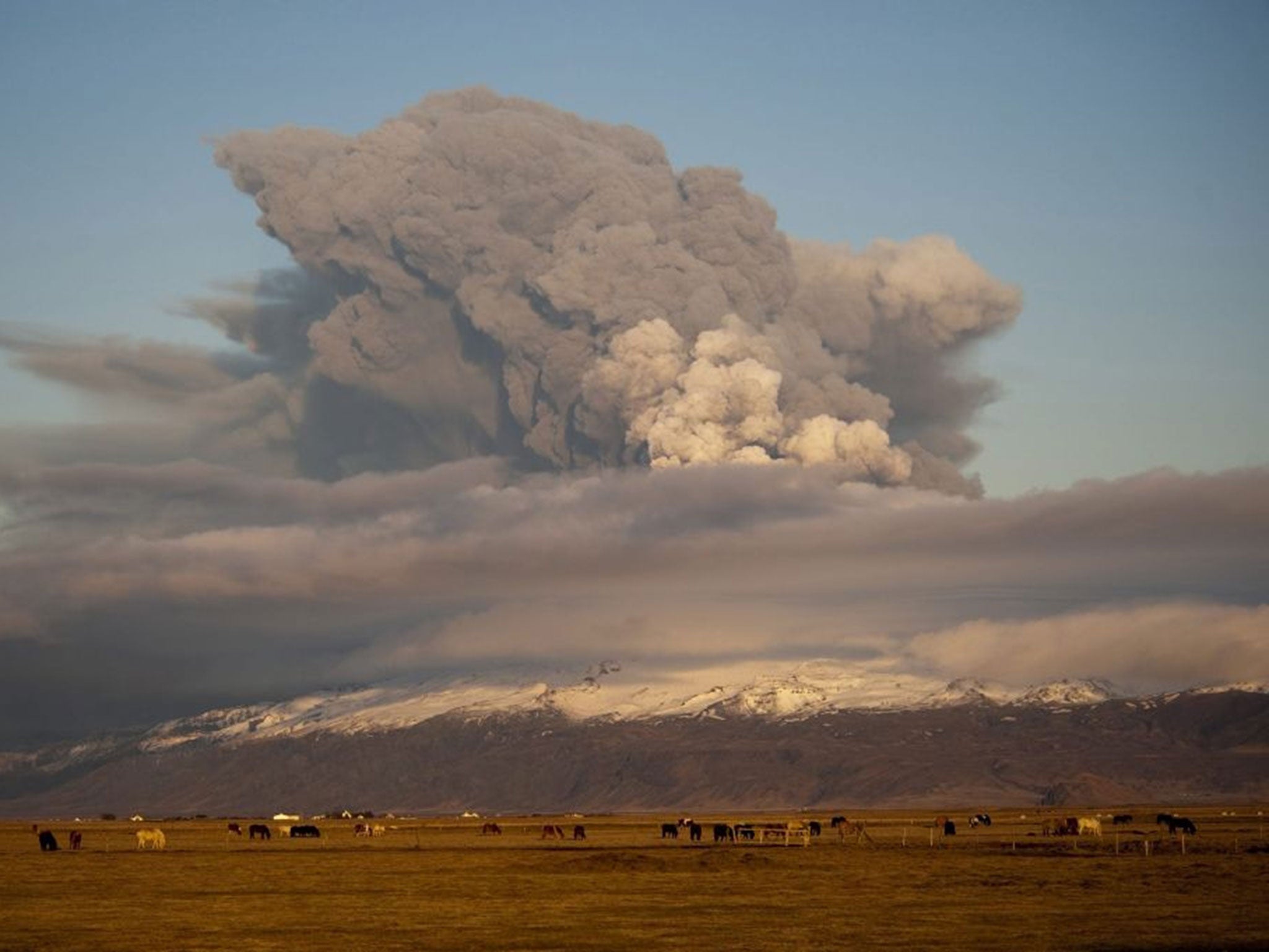 Smoke rising as an eruption of the volcano near Eyjafjallajoekull glacier occured, some 120 km away from Reykjavik, Iceland.