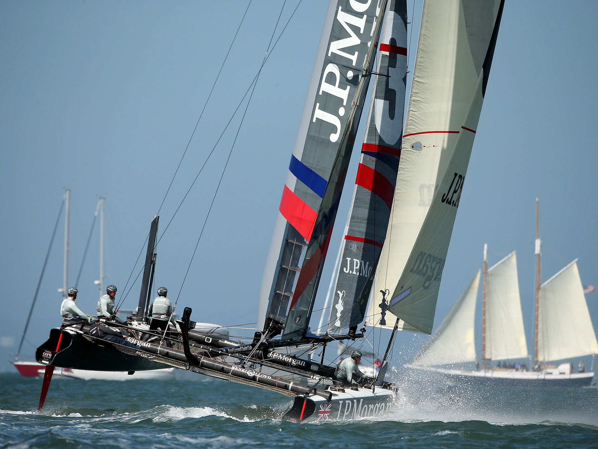 J.P. Morgan BAR team skippered by Ben Ainslie competes in a match race during the America's Cup World Series on August 24, 2012