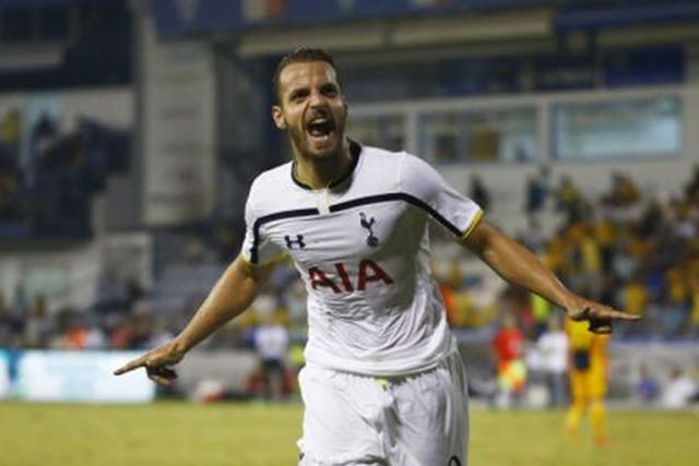 Roberto Soldado celebrates after scoring Tottenham's equaliser in Cyprus last night