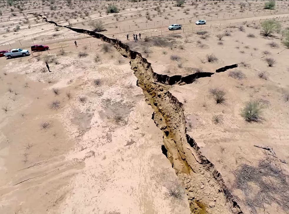 A crevice that has disconnected Highway 26 between Hermosillo and the coast in Mexico