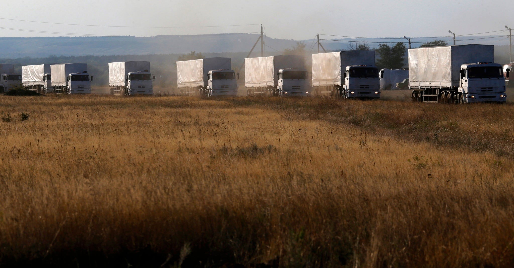 The convoy before it parked at a camp near Donetsk yesterday