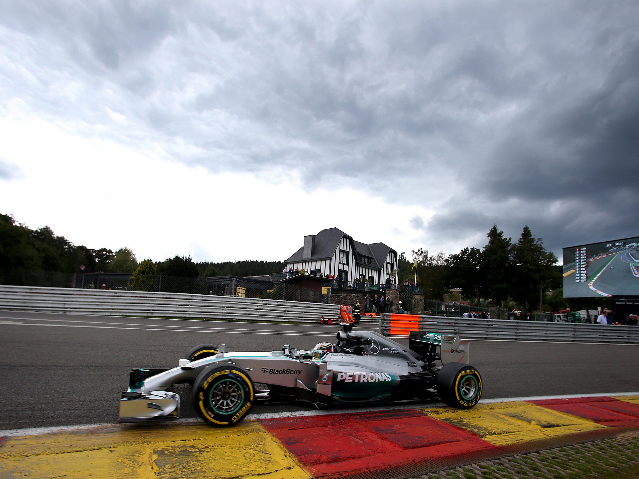 Lewis Hamilton of Great Britain and Mercedes GP drives during practice ahead of the Belgian Grand Prix at Circuit de Spa-Francorchamps