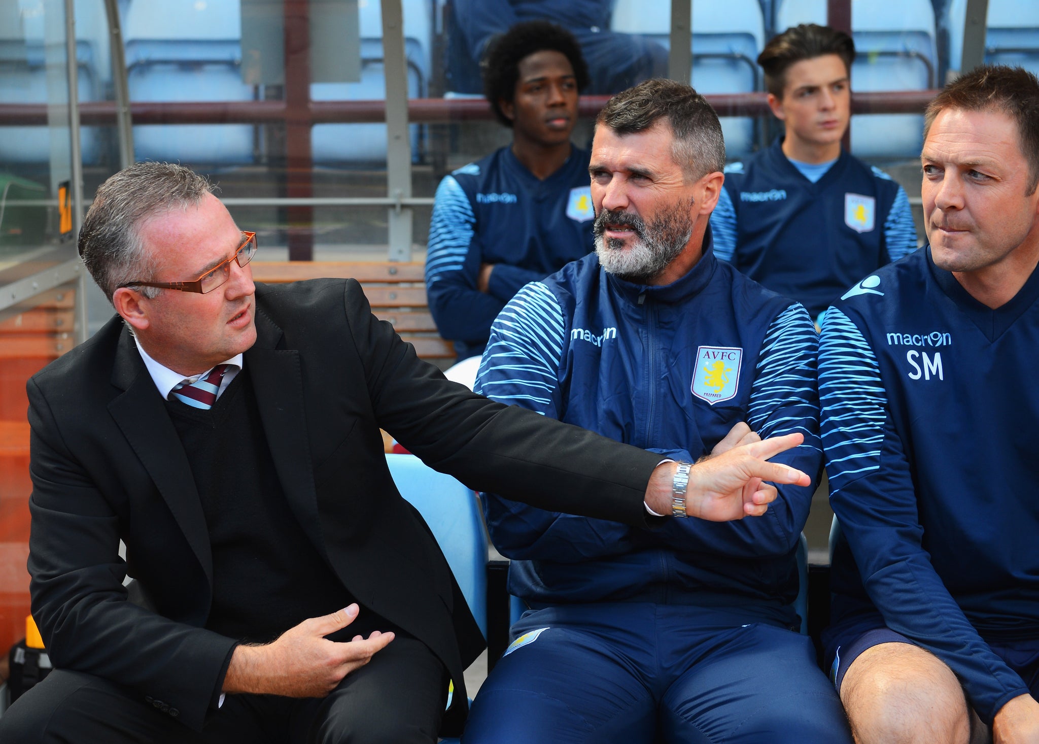 Paul Lambert and Aston Villa assistant manager Roy Keane look on during the match. Keane was uncharacteristically quiet on the sidelines