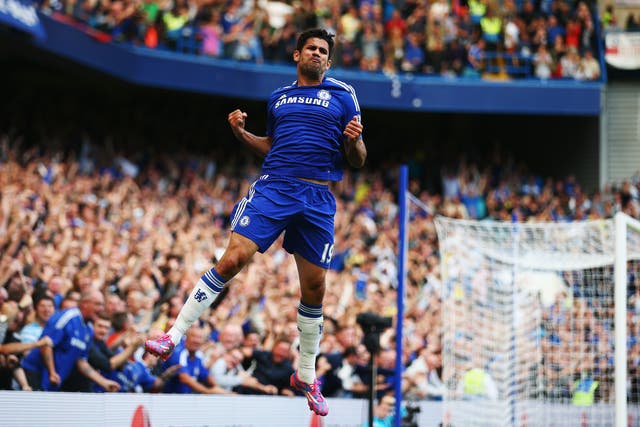 Diego Costa celebrates his goal against Leicester City