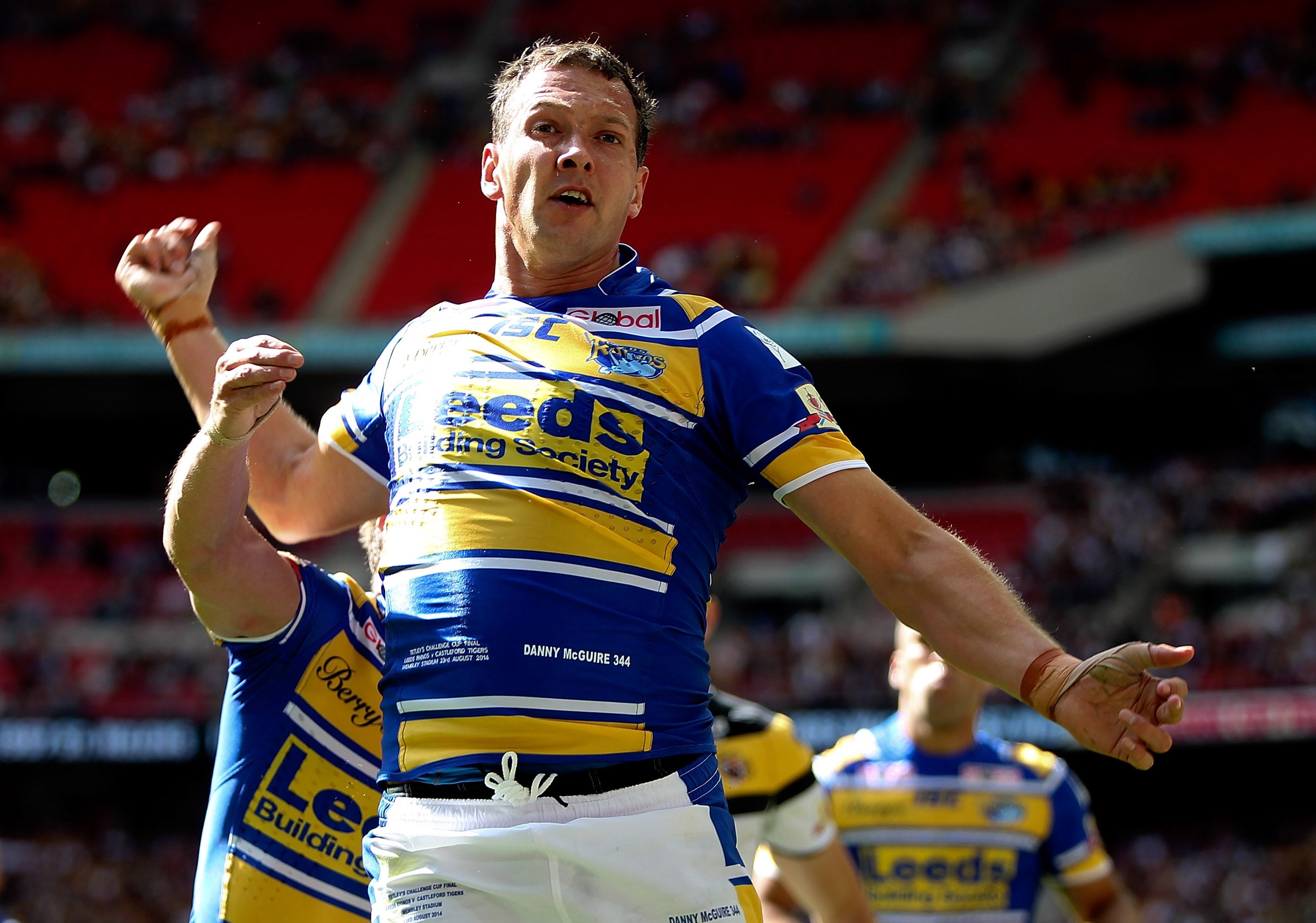 Danny McGuire celebrates after scoring a try during the Tetley's Challenge Cup Final between Leeds Rhinos and Castleford Tigers