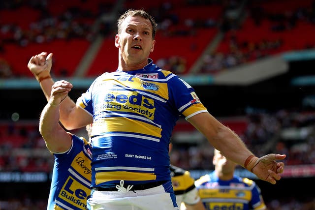 Danny McGuire celebrates after scoring a try during the Tetley's Challenge Cup Final between Leeds Rhinos and Castleford Tigers