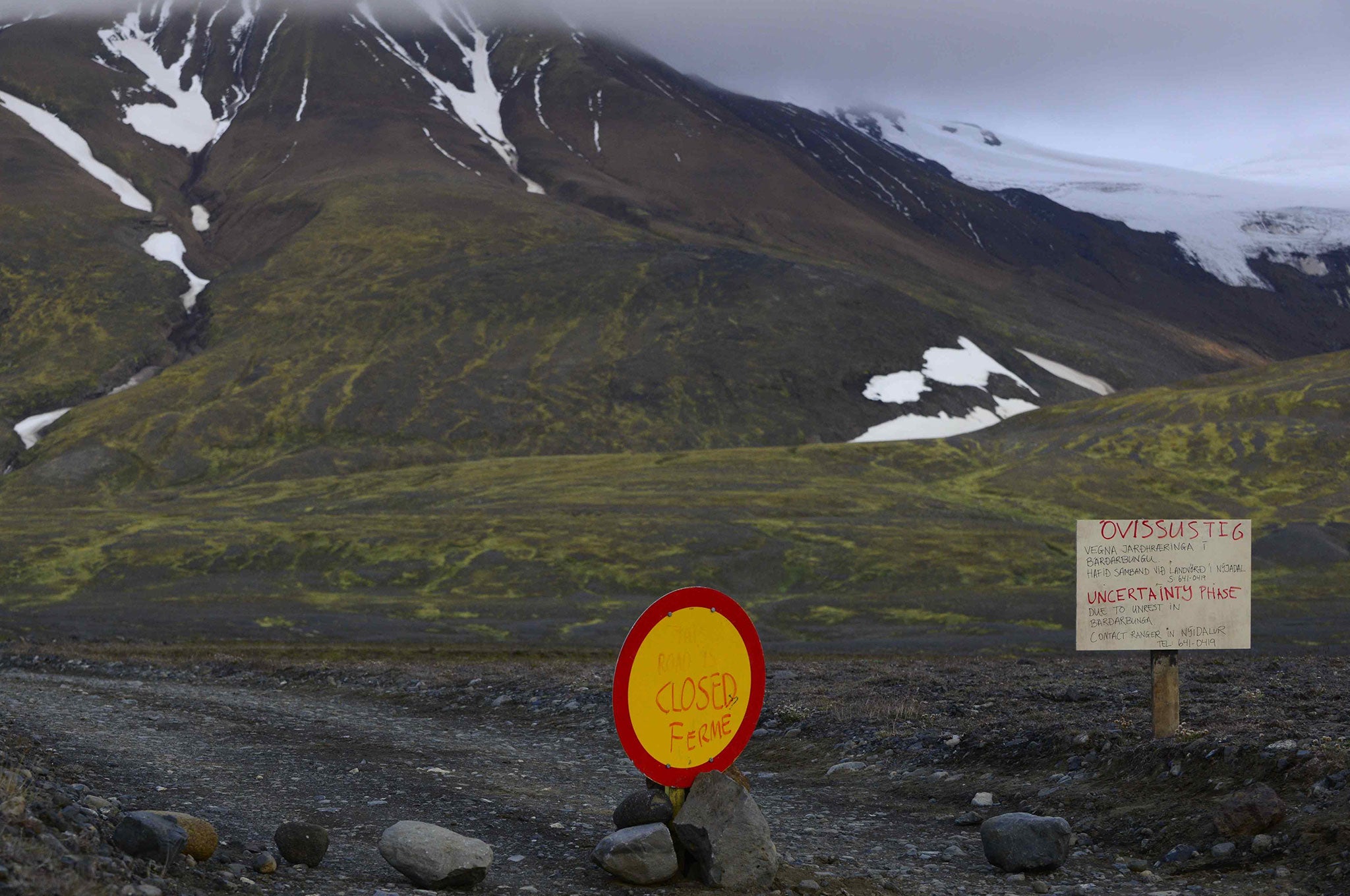 Warning signs block the road to Bardarbunga volcano, some 20 kilometres (12.5 miles) away, in the north-west region of the Vatnajokull glacier
