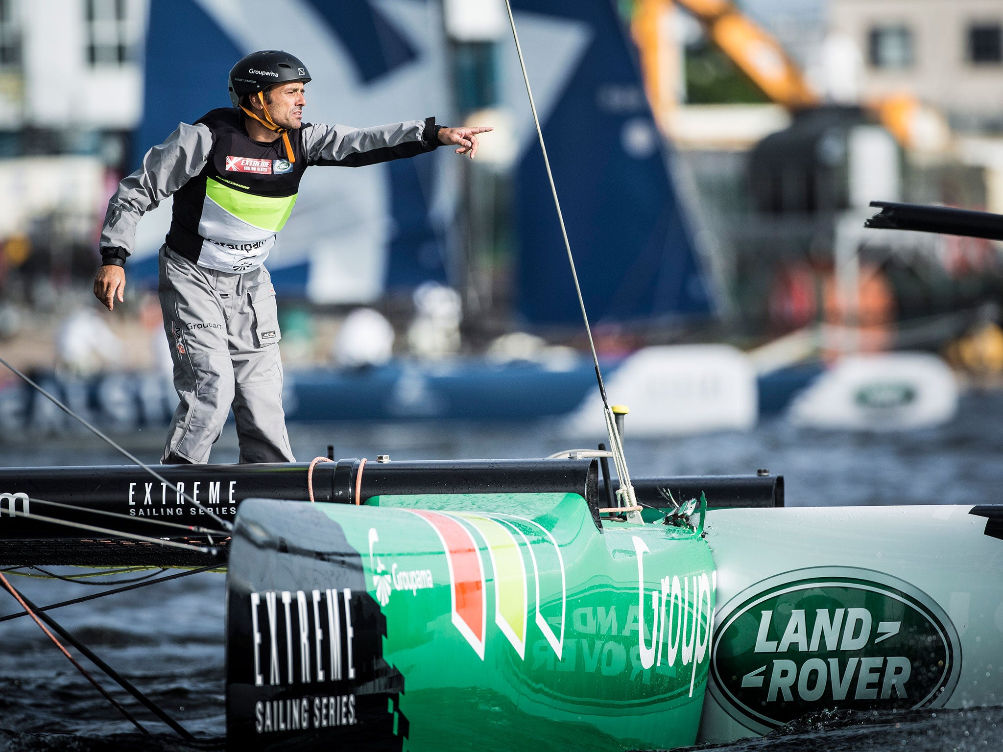 Dona you toucha my boat! Franck Cammas is not happy as rival GAC Pindar pierces his boat, Groupama, at the Extreme Sailing Series regatta in Cardiff, forcing the French skipper to sit out the second day for repairs