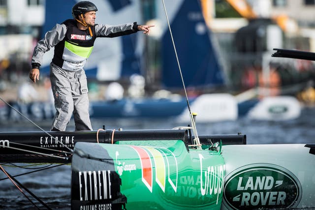 Dona you toucha my boat! Franck Cammas is not happy as rival GAC Pindar pierces his boat, Groupama, at the Extreme Sailing Series regatta in Cardiff, forcing the French skipper to sit out the second day for repairs