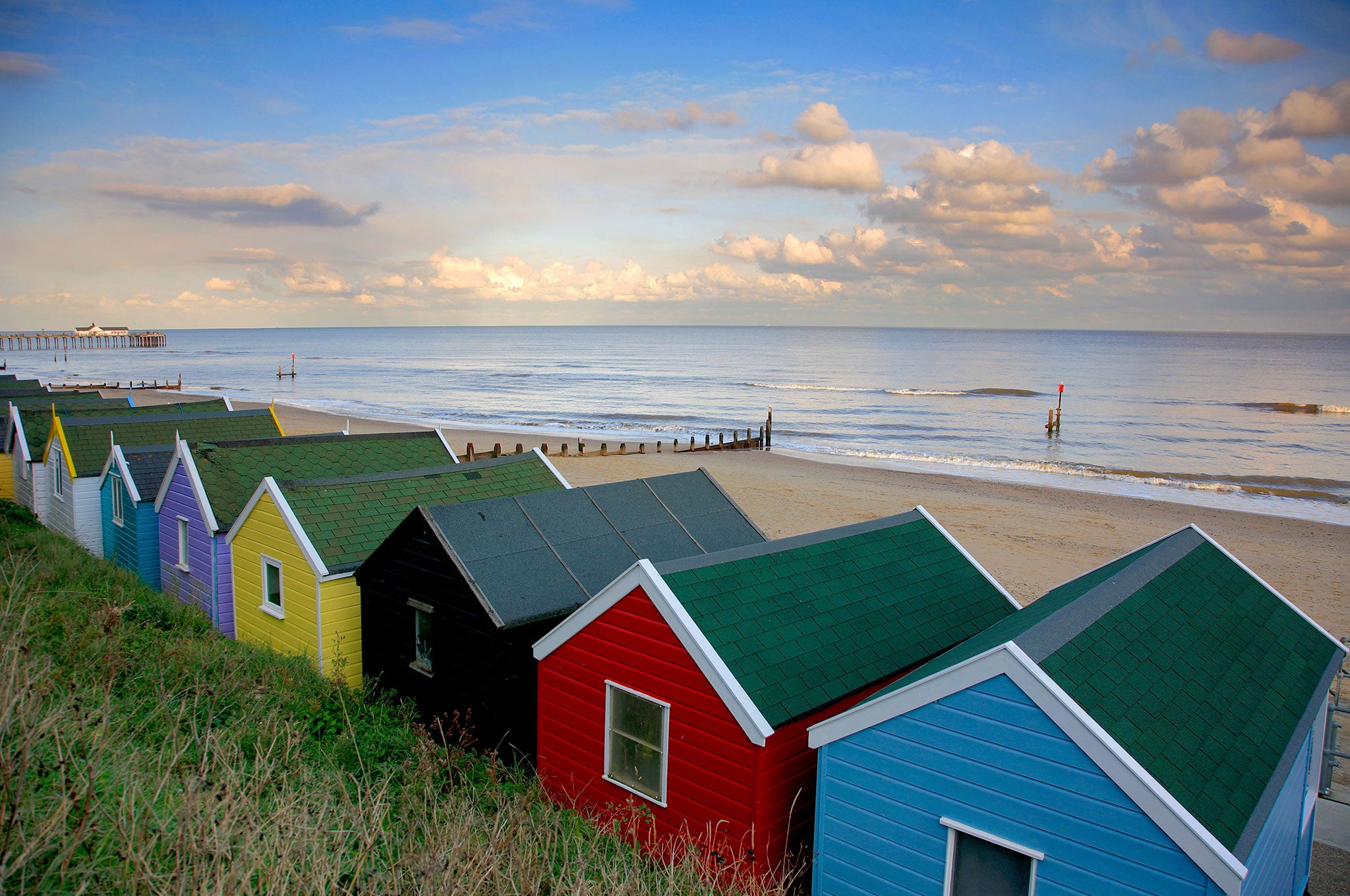 Wooden beach huts in Southwold Town Suffolk County