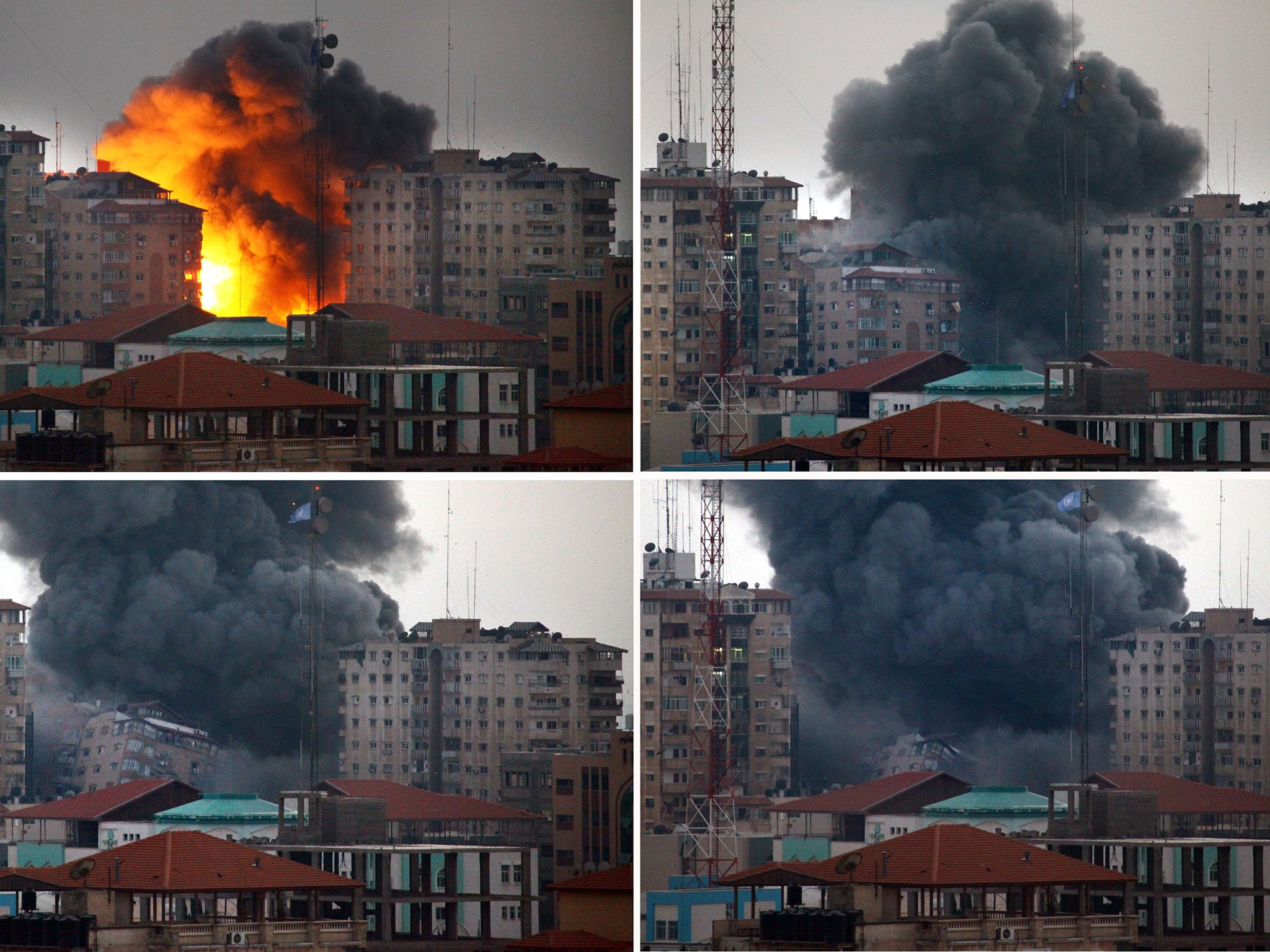 This combination of 4 pictures shows an apartment building being hit by missiles before it collapses during an Israeli air strike in the heart of Gaza
