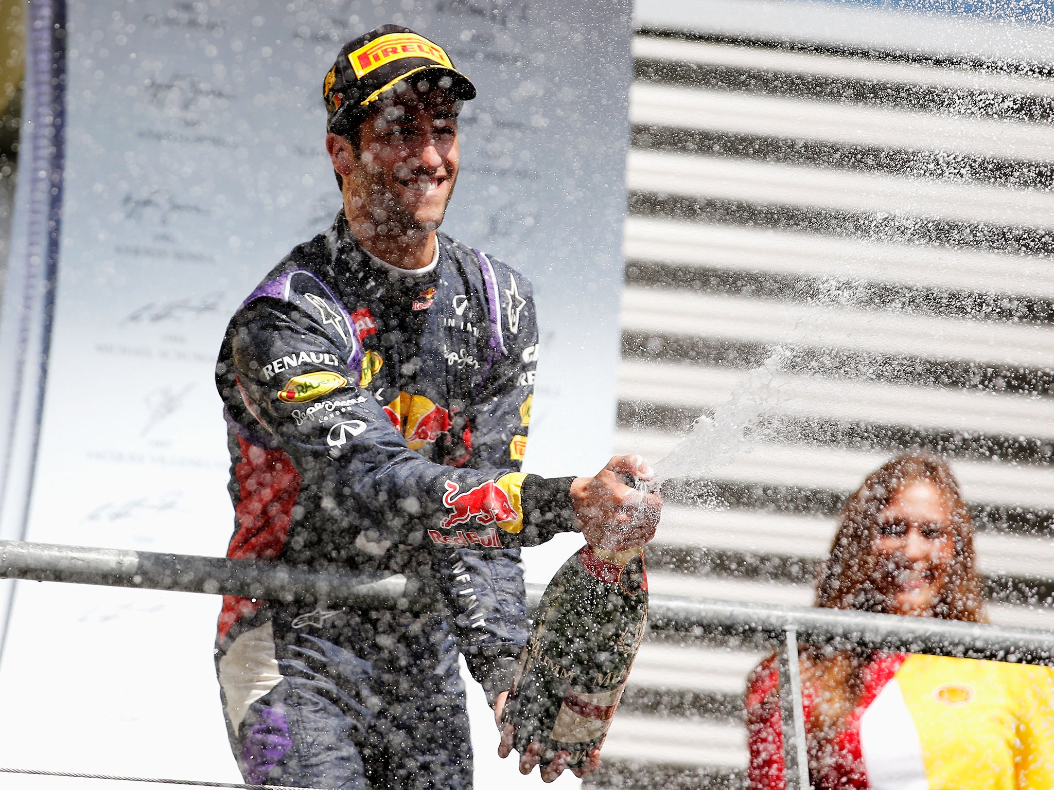 Daniel Ricciardo celebrates victory in the Belgian Grand Prix
