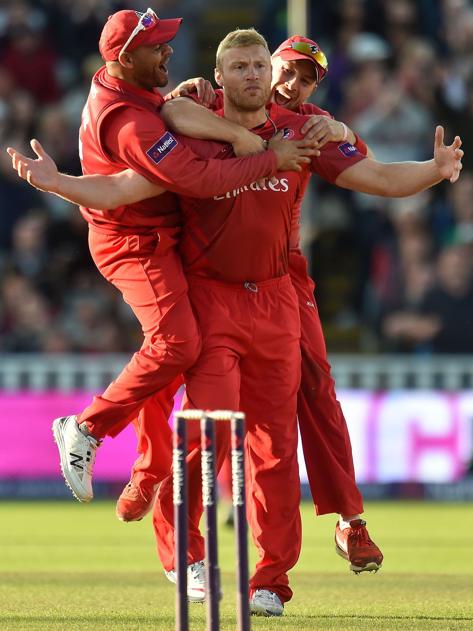 Andrew Flintoff, centre, played in the final only because Kabir Ali aggravated a shoulder injury