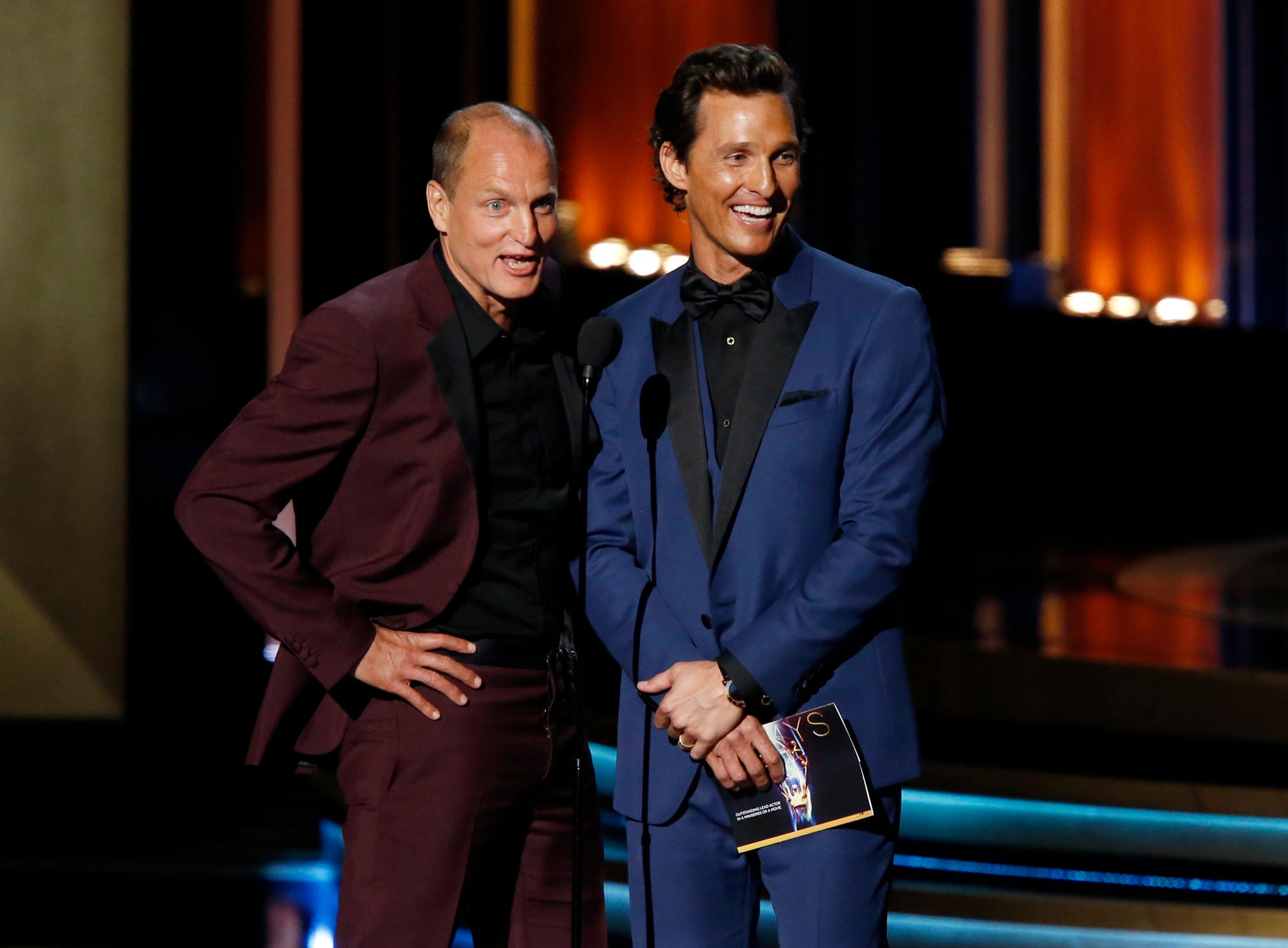 Matthew McConaughey and Woody Harrelson on stage at the 66th Primetime Emmy Awards