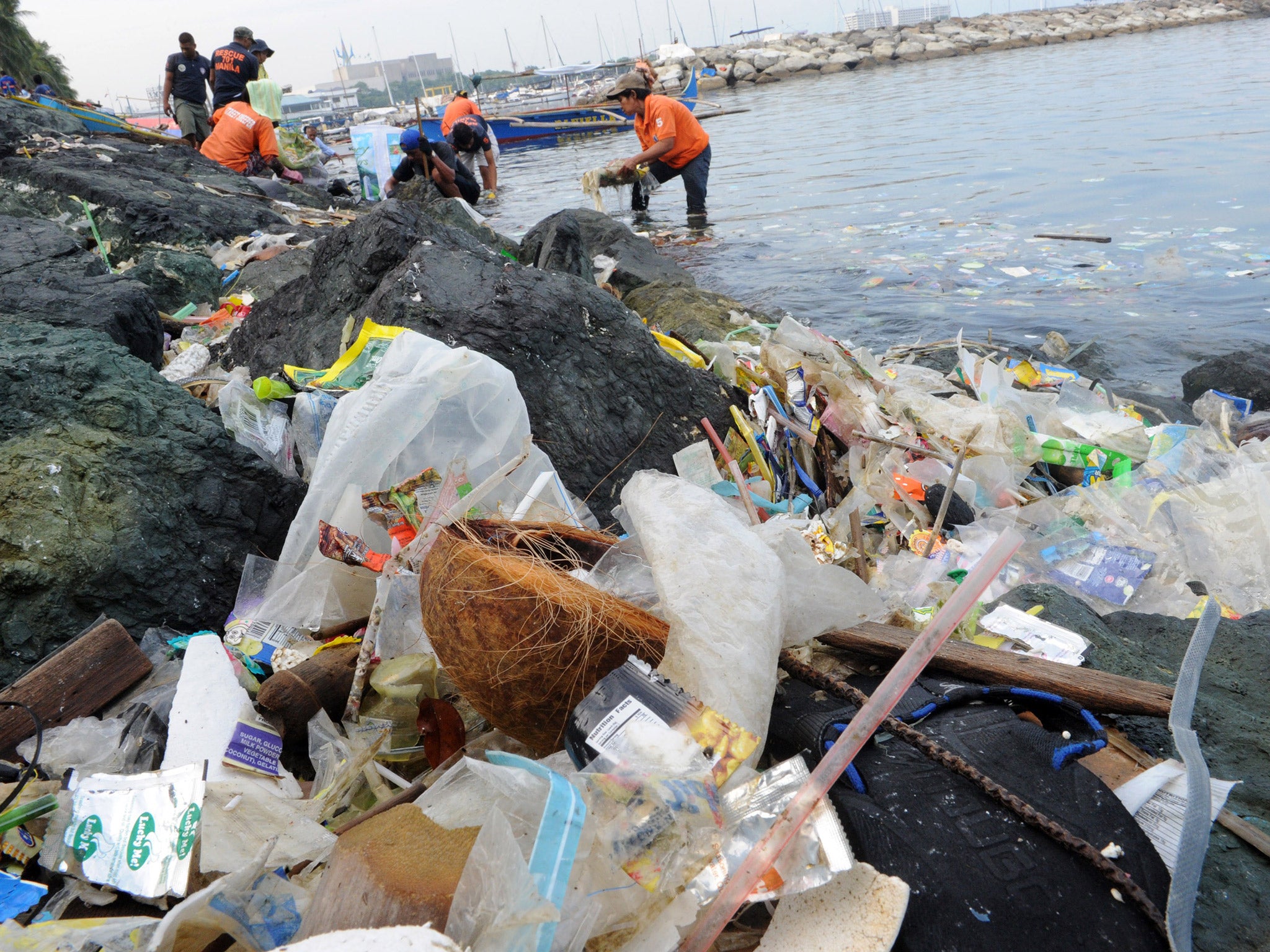 Plastic bags and other rubbish are collected from the waters of Manila Bay during a campaign by environmental activists earlier this year