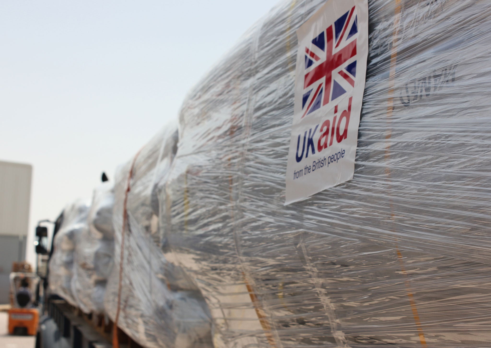 DFID tents are loaded up at warehouse in Dubai ready to fly to Erbil, Iraq