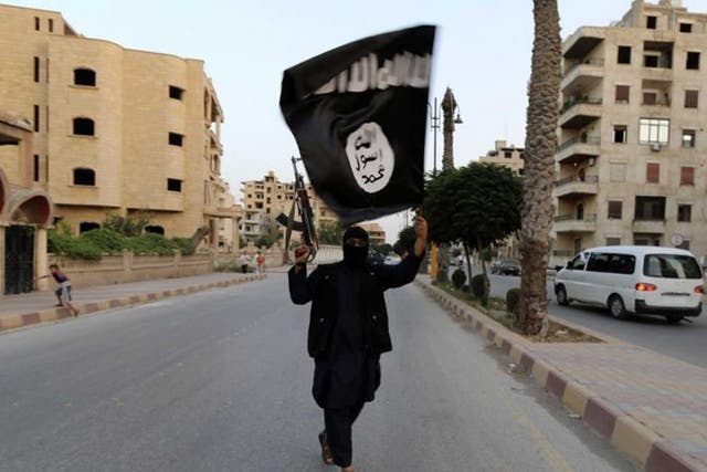 Un luchador enmascarado blande la bandera de IS