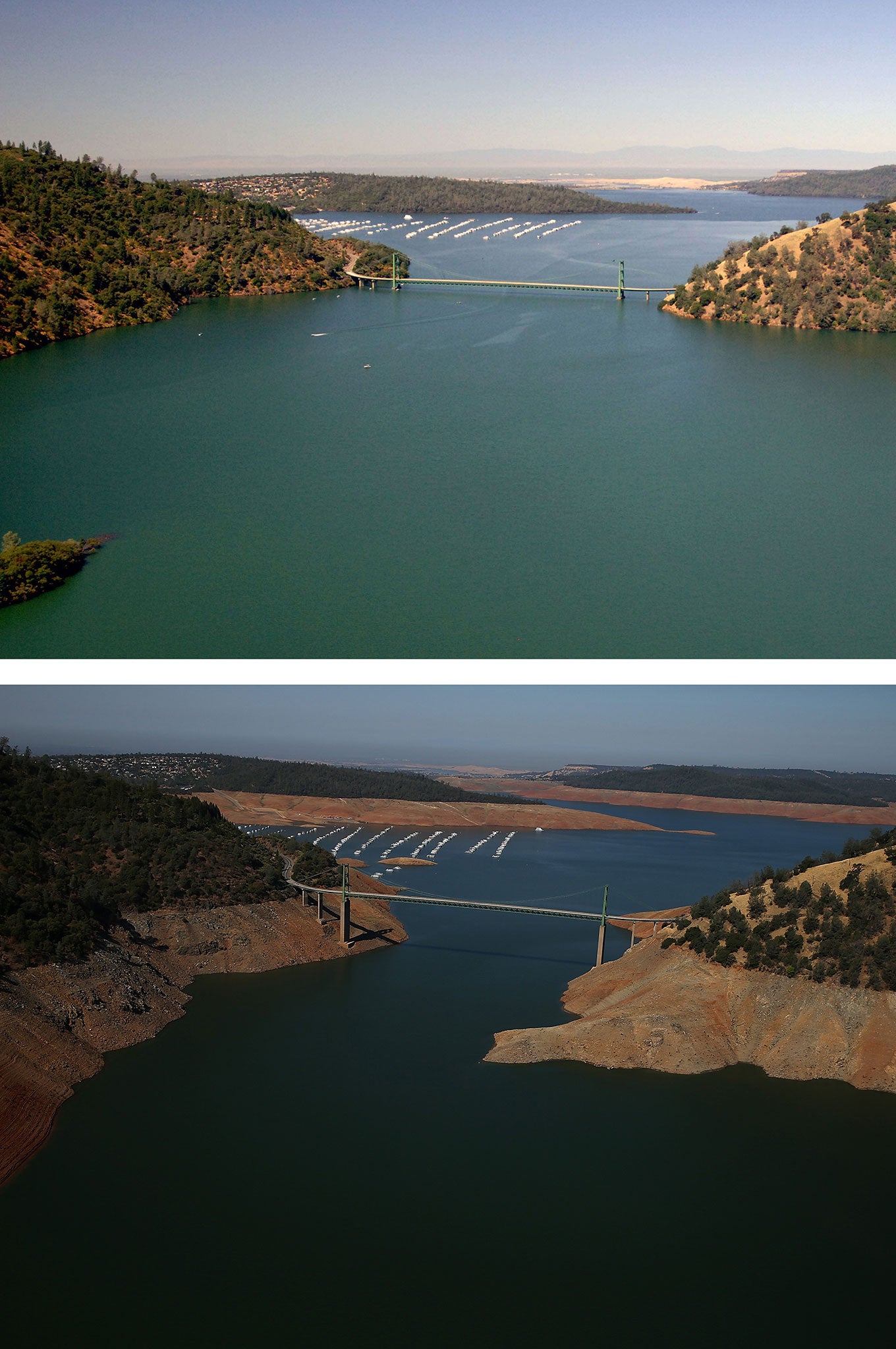 Above: High and low water levels at a section of Lake Oroville near the Bidwell Marina in Oroville, California pictured in 2011 and 19 August 2014