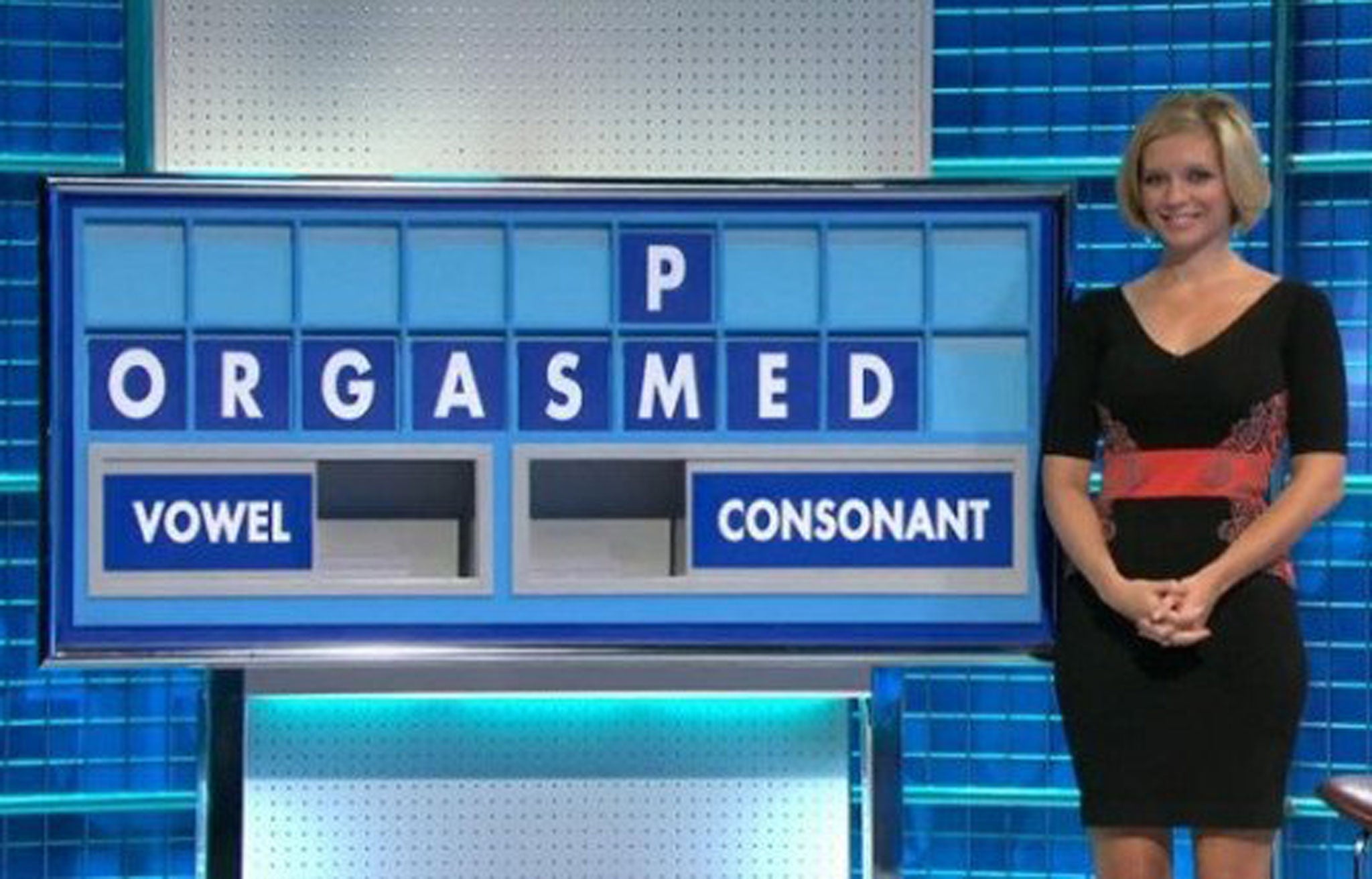 Rachel Riley smiles as the word "orgasmed" is spelled out
