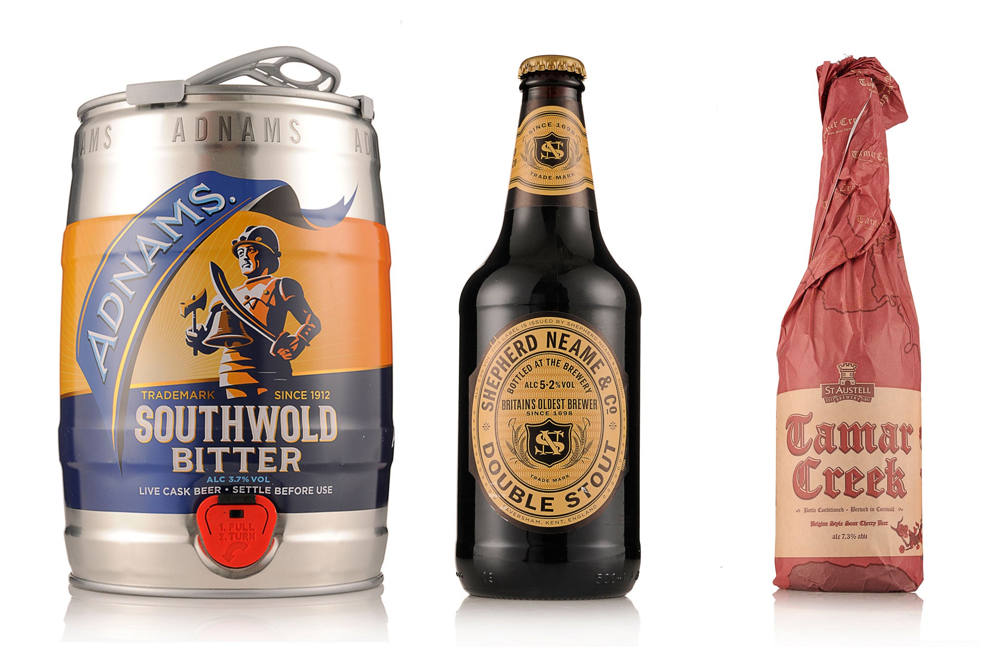 Tried and tested: Adnams Cask, Shepherd Neame Double Stout and St Austell Tamar Creek