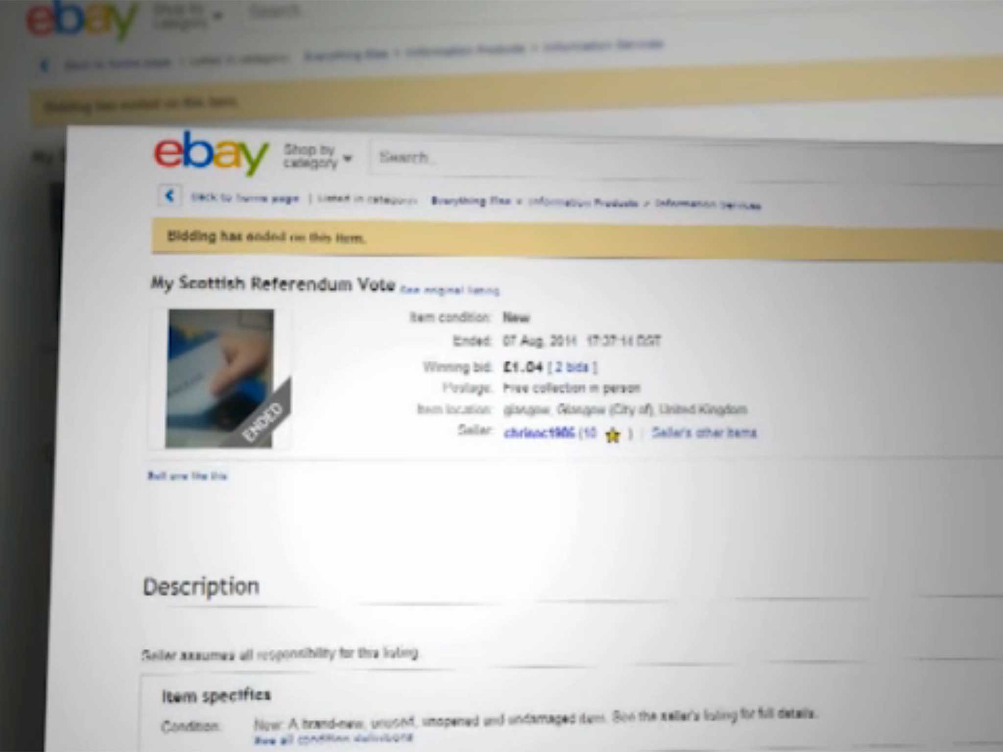A screen shot of the eBay listing
