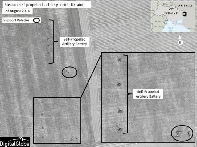 Russian self-propelled artillery units set up in firing positions near Krasnodon, Ukraine.