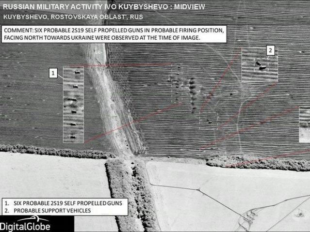 Six Russian 153mm 2S19 self-propelled guns located in Russia near Kuybyshevo, four miles south of the Ukraine border