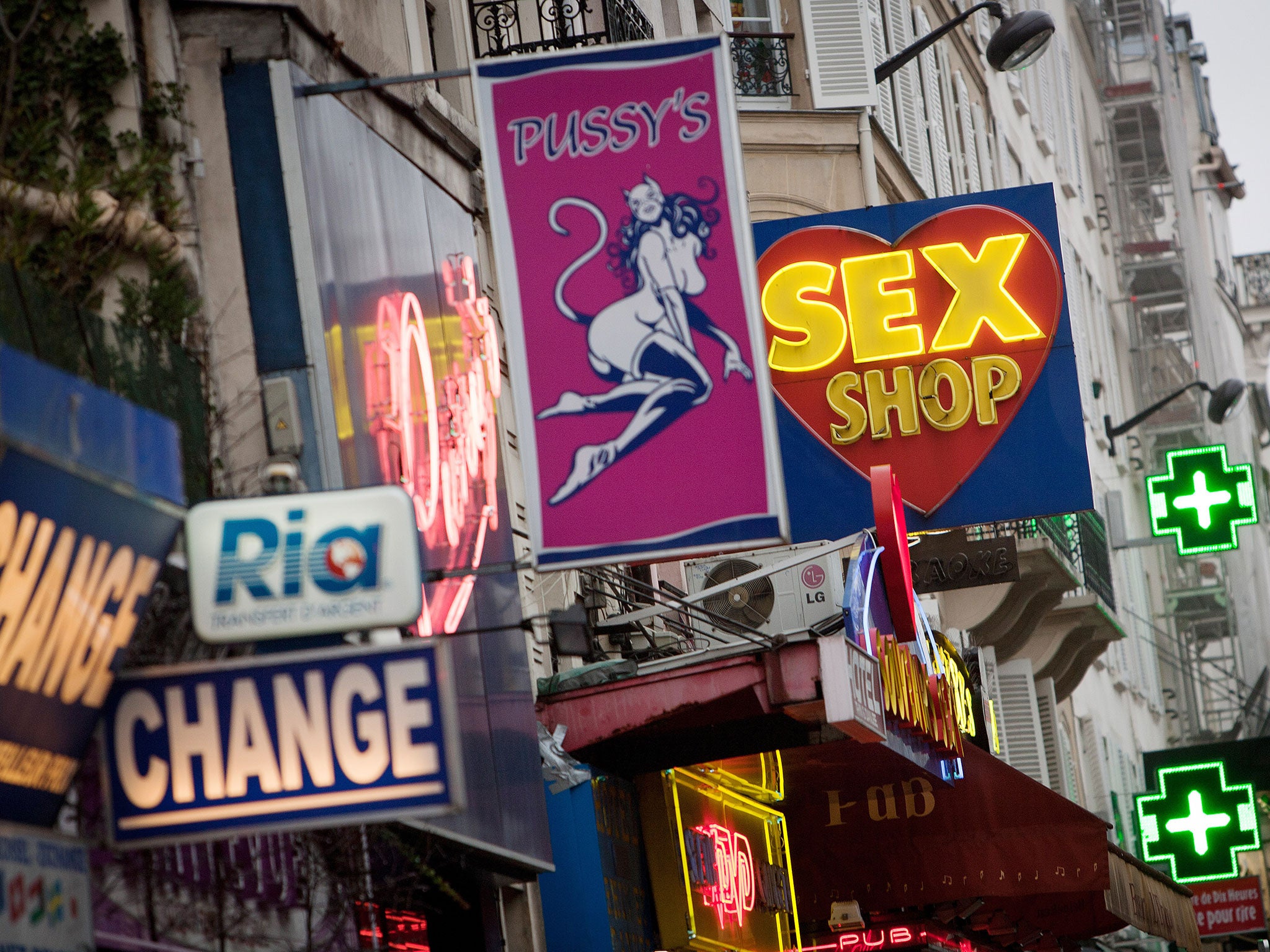 A picture taken on January 12, 2011 shows sex shops at the Paris district of Pigalle.
