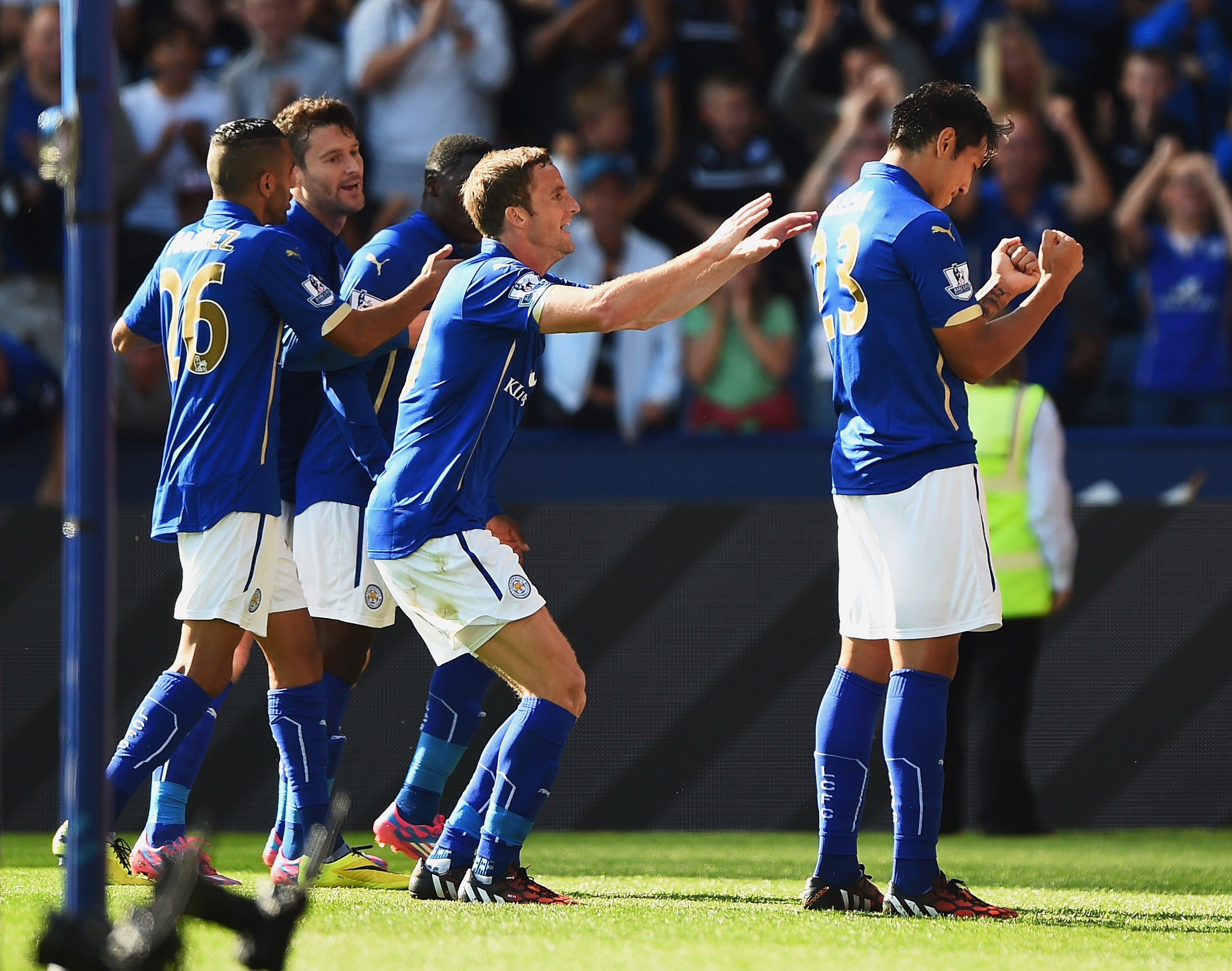 Leonardo Ulloa celebrates his goal for Leicester