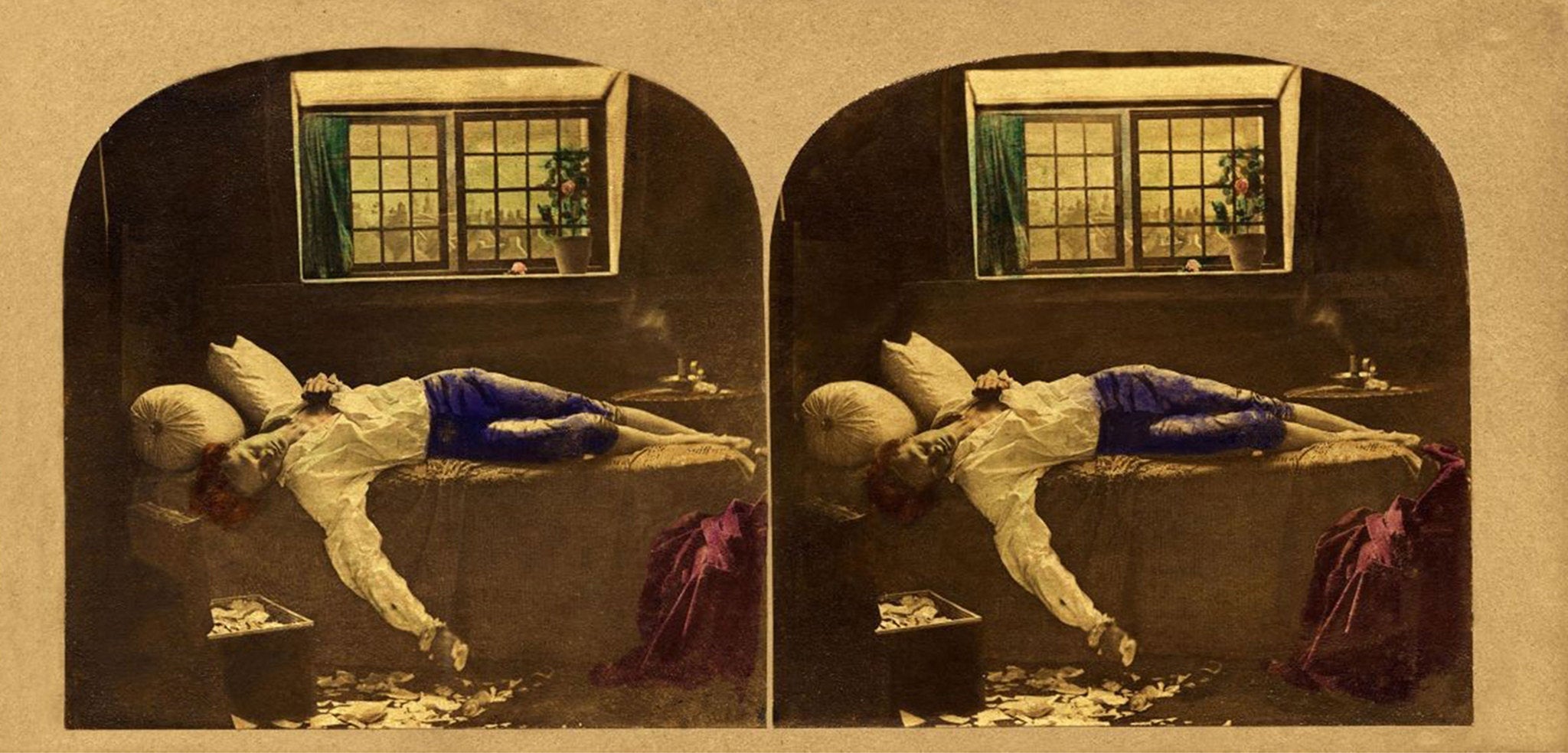 Chatterton-Robinson, Michael Burr, The Death of Chatterton c. 1861.Photograph, hand coloured albumen prints on stereo card