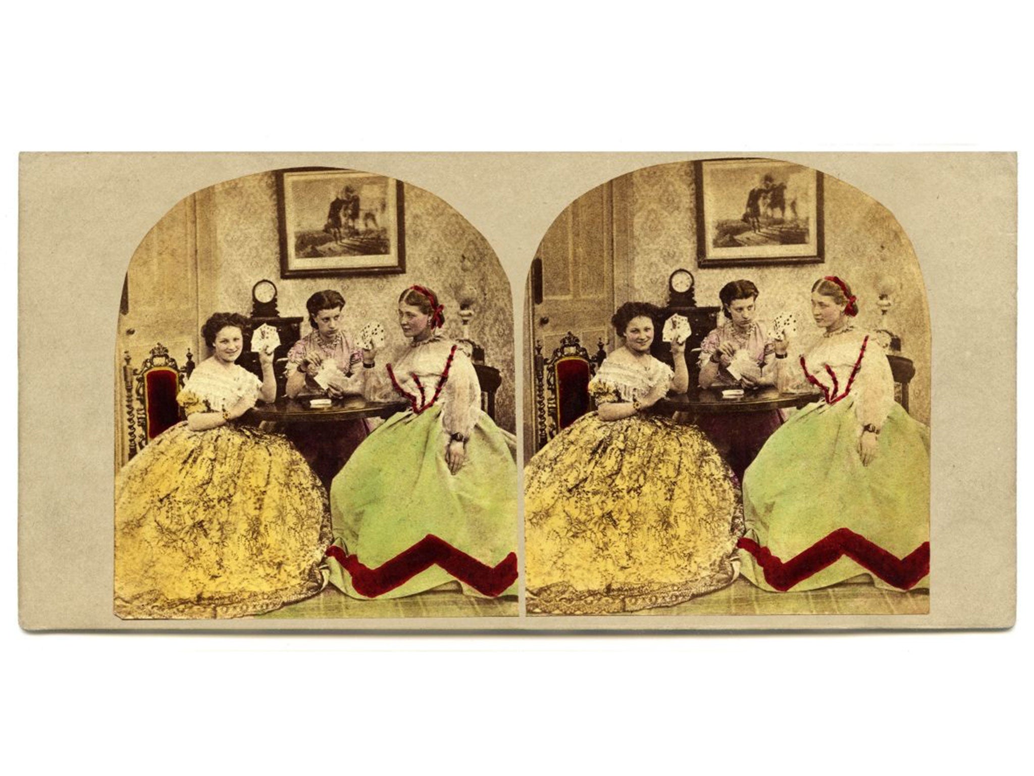 Michael Burr, Hearts are Trumps 1866. Photograph, hand coloured albumen prints on stereo card