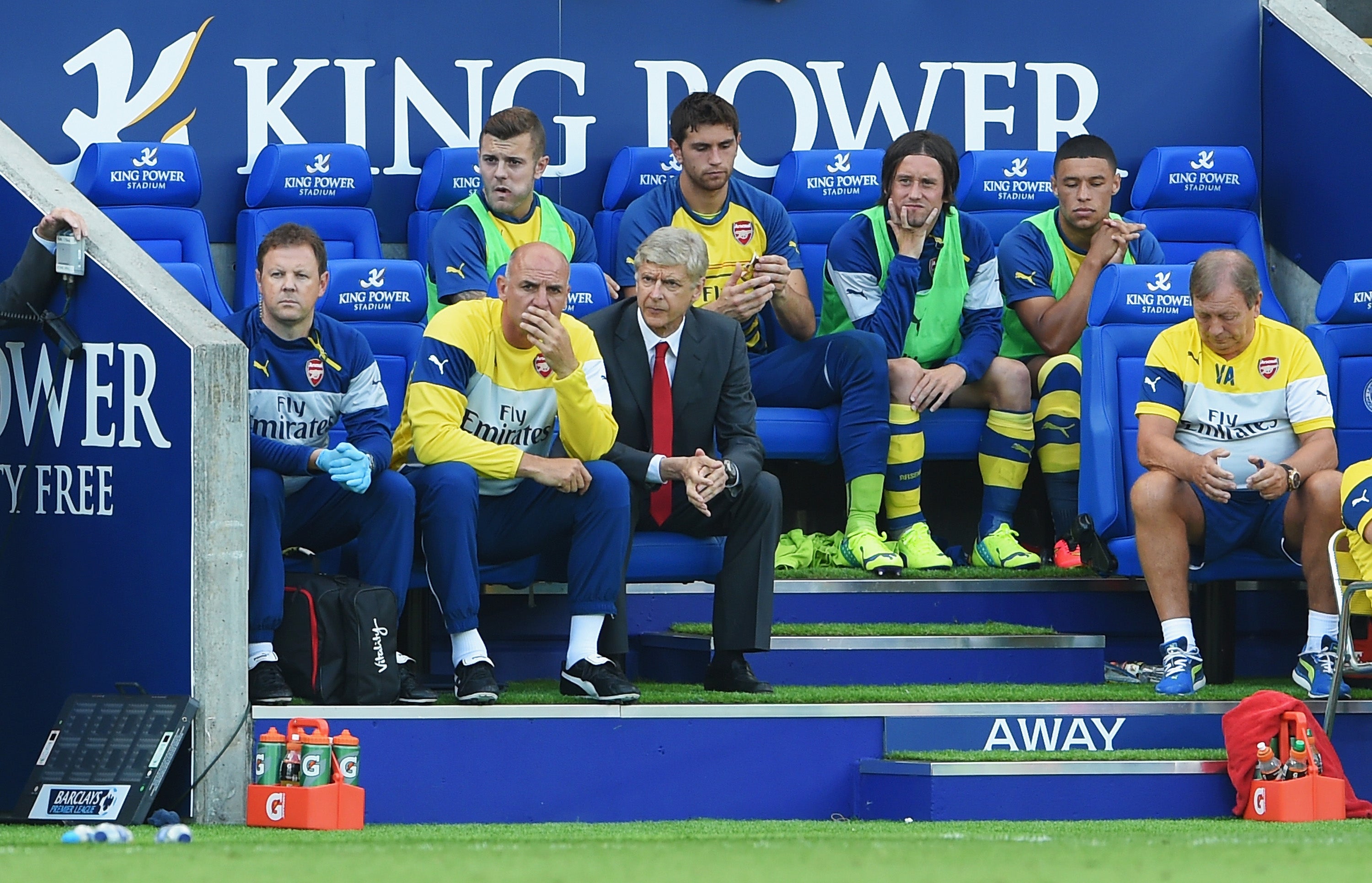 Arsene Wenger looks on from the dugout at the King Power Stadium on Sunday