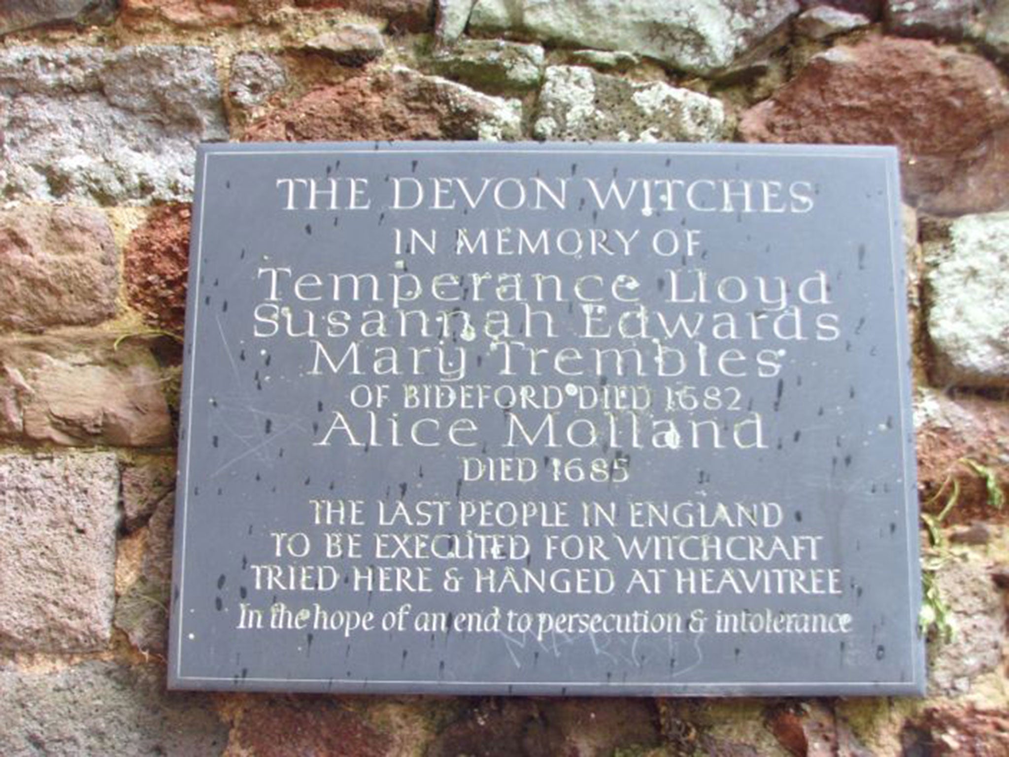 A plaque at Exeter’s Rougemont Castle commemorates the 1682 Bideford witch trial