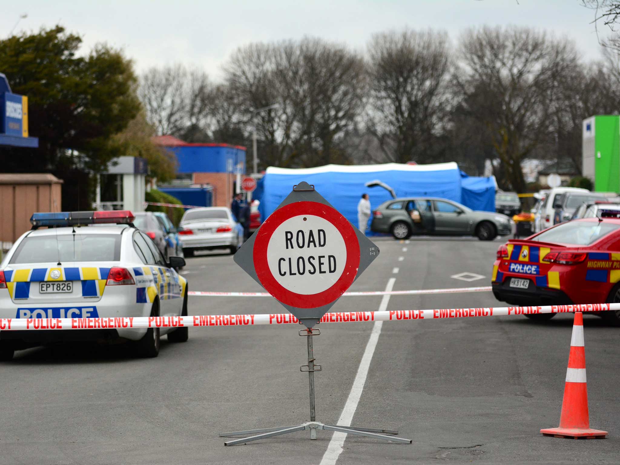 A crime scene is set up at Ashburton Work and Income Centre after two people were shot dead