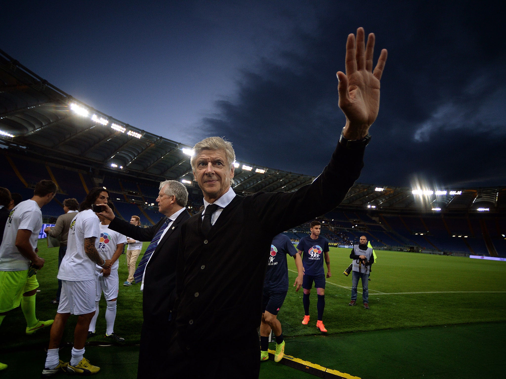 Arsène Wenger arrives for the inter religious 'match for peace' football game in Rome's Olympic Stadium tonight