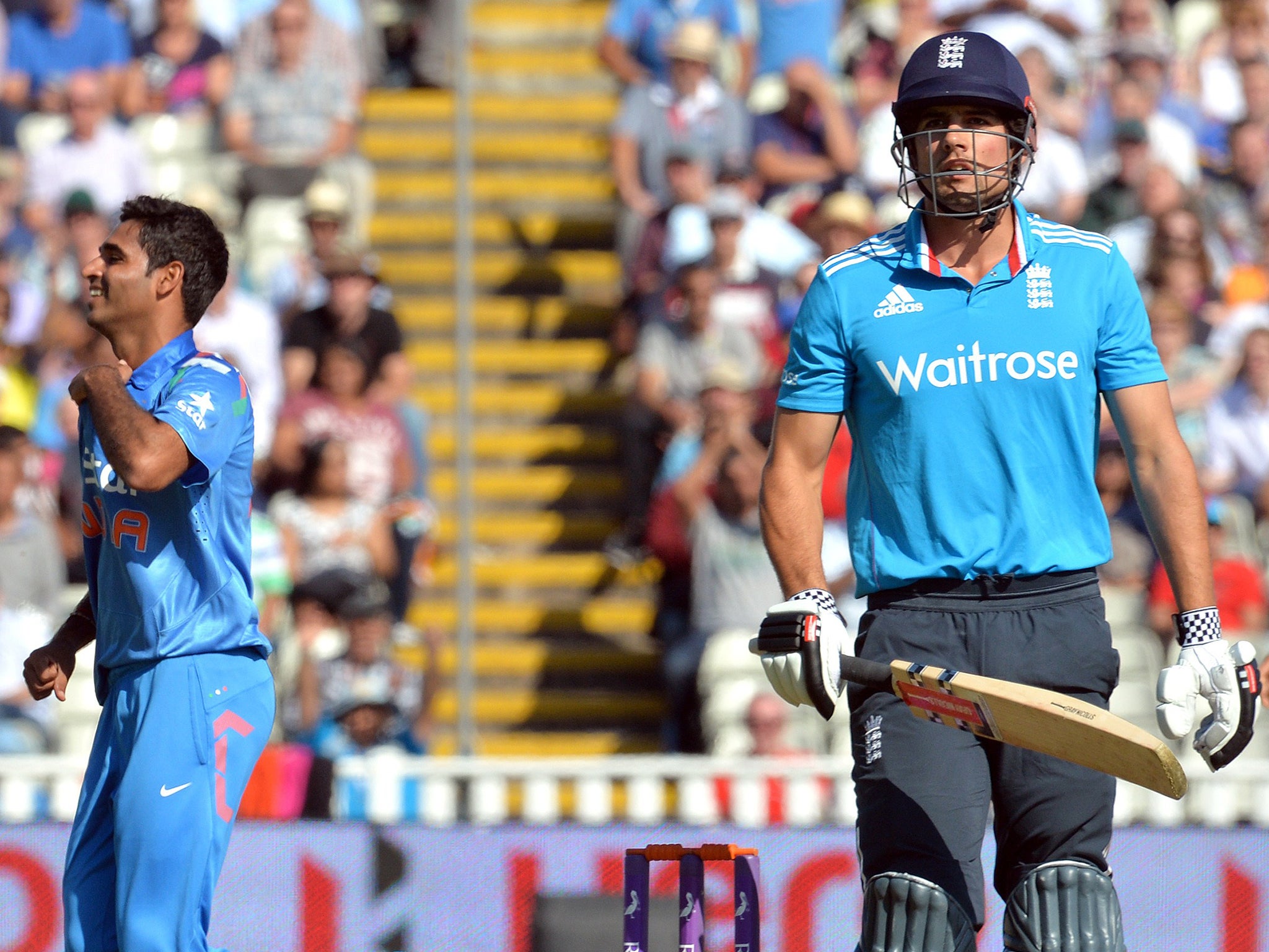 England's Alastair Cook is dismissed by India's Bhuvneshwar Kumar
