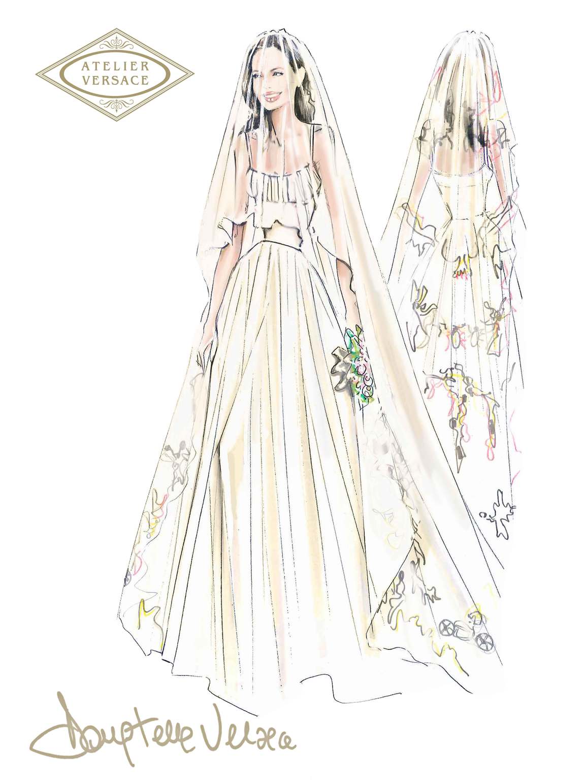 Atelier Versace sketch of Angelina's wedding gown