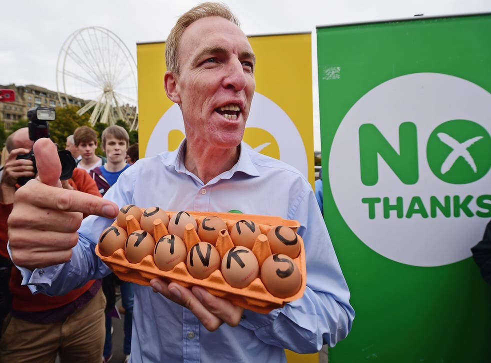 Jim Murphy, Shadow Secretary of State for International Development holds a carton of eggs during a speech to Better Together supporters