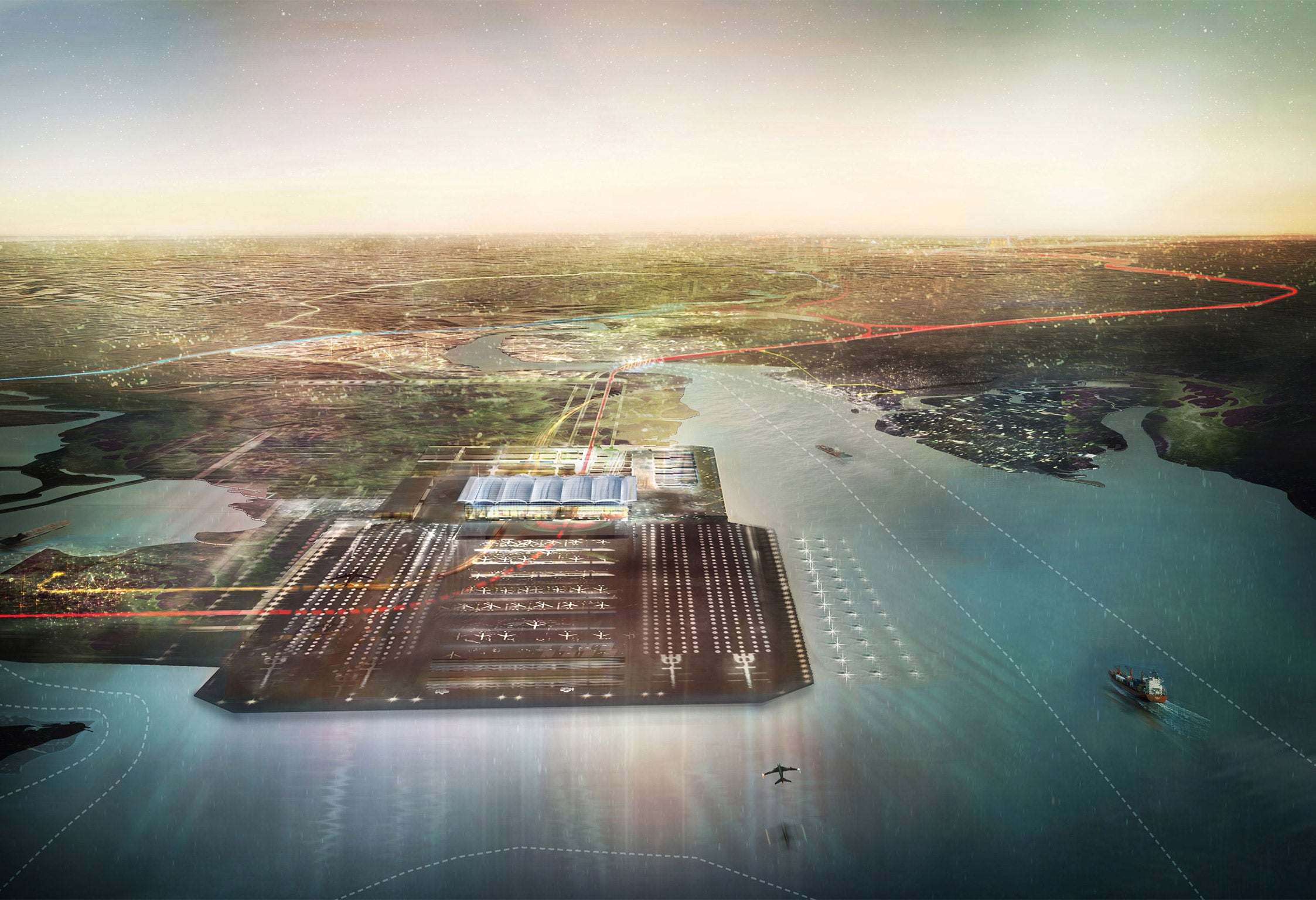 An artist’s impression of how a four-runway airport at the Thames Estuary may look