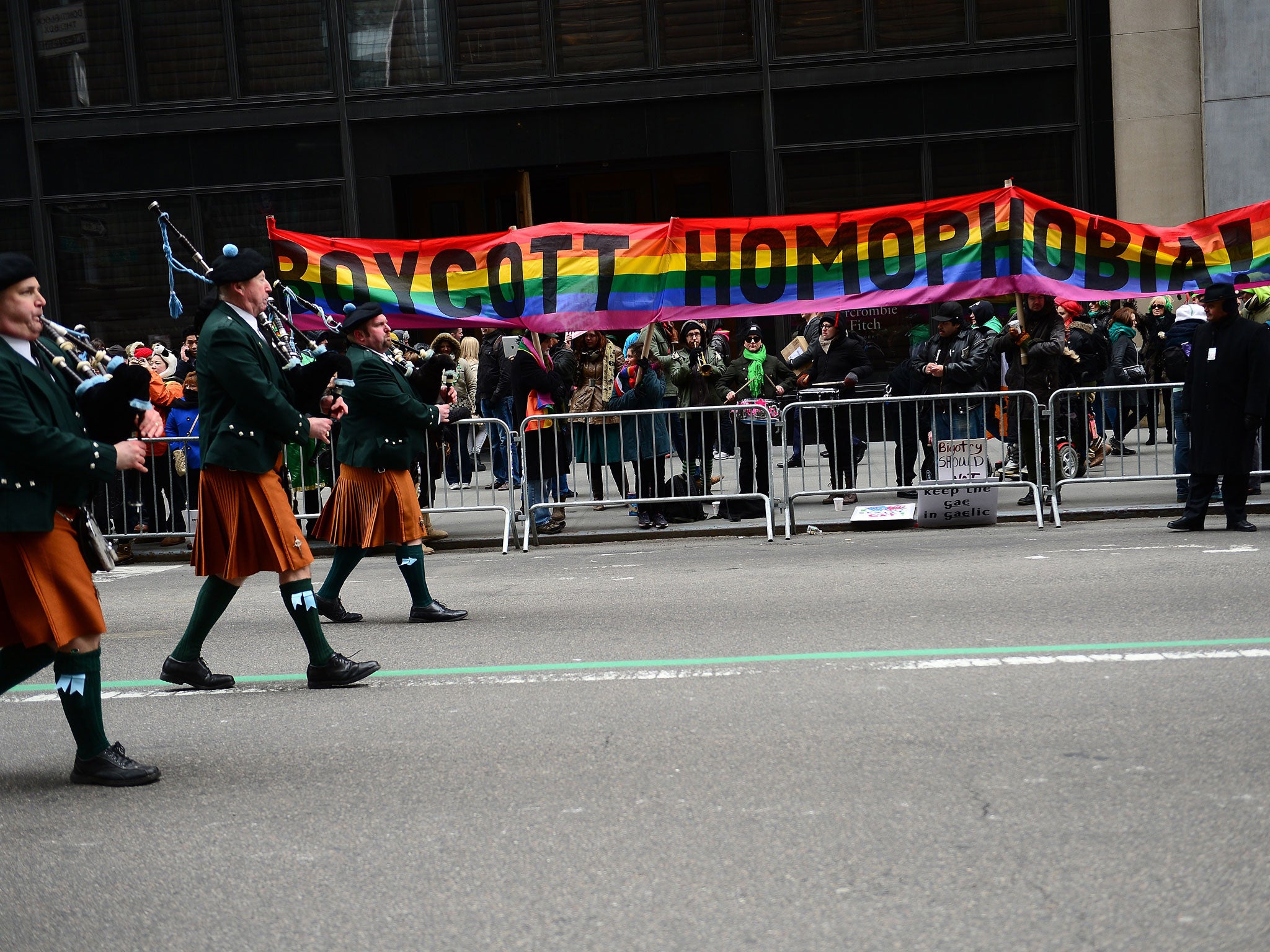 LGBT rights supporters protest against the exclusion of their community community from the St. Patrick's Day parade during the annual event in New York in March last year