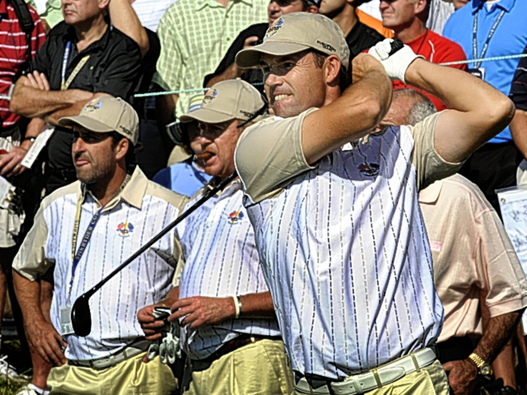 Europe’s new vice-captains – (left to right) Olazabal, Jimenez and Harrington – in Ryder Cup action at Valhalla in 200